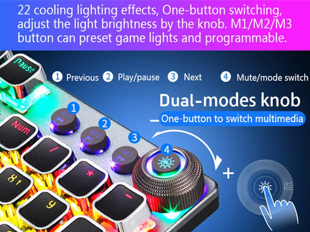 AULA F2088/F2058 Mechanical Gaming Keyboard Detachable wrist rest Multimedia Knob, 104 Keys Anti-ghosting Marco Programming metal panel LED Backlit keyboard for PC Gamer (Punk keycap)