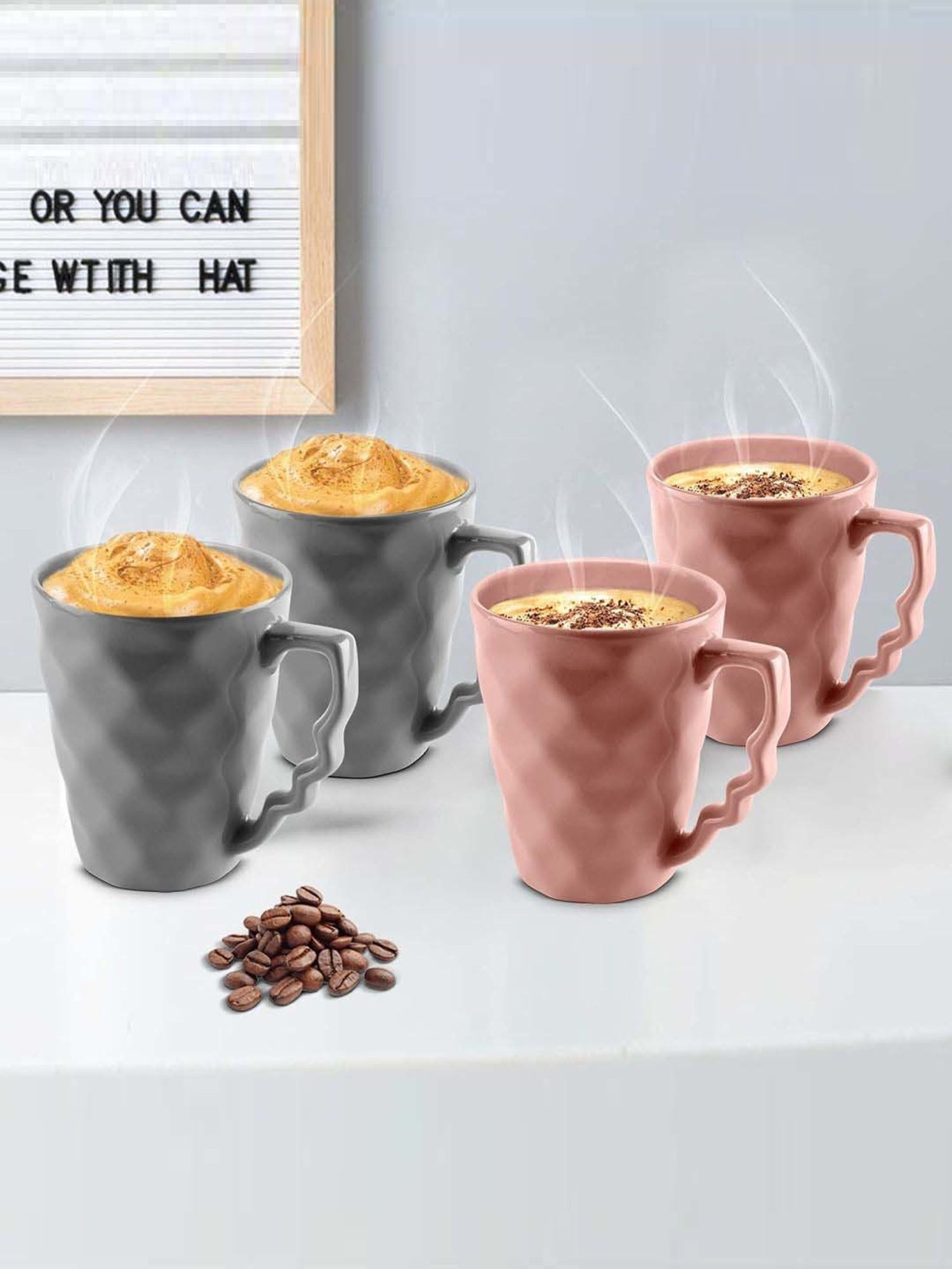 Urban Chef Pink & Grey Ceramic Microwave Safe Coffee Mug (0.225 L) - Set of 4