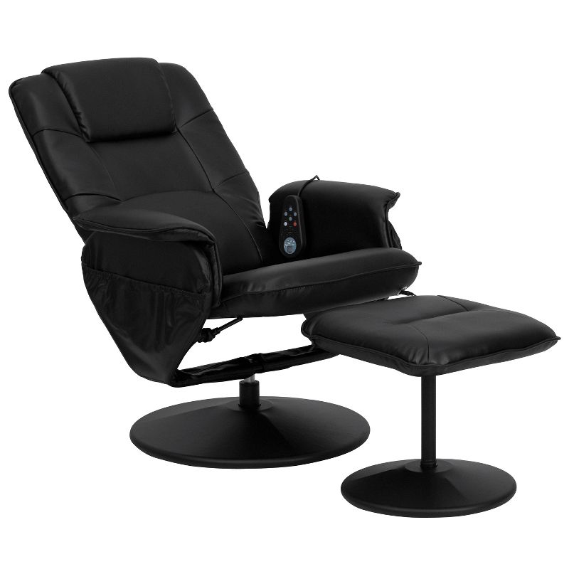 Flash Furniture Massaging Adjustable Recliner with Deep Side Pockets and Ottoman with Wrapped Base in Black LeatherSoft