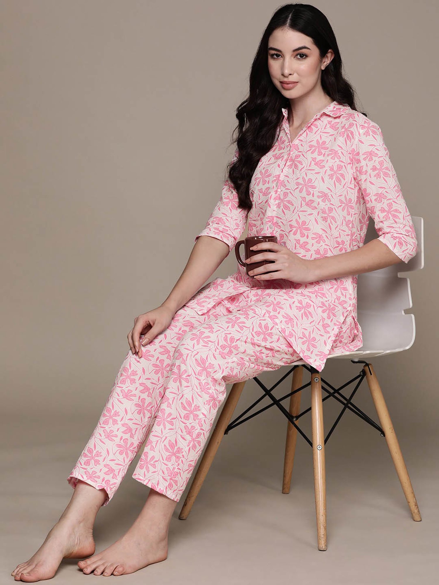 Anubhutee Pink Cotton Floral Print Shirt With Pyjamas