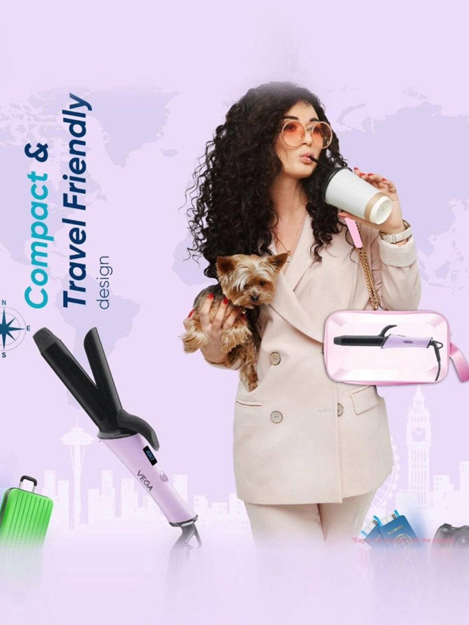 Vega VHCH-08 Mini Hair Curler for Women with 25 mm Barrel, Ceramic Coated Plates (Purple)