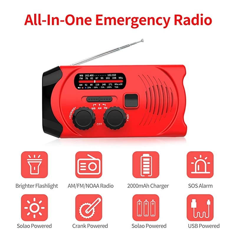 2021 Newest Version? Emergency Solar Hand Crank Radio, NOAA Weather Radio for Emergency with AM/FM, LED Flashlight, 2000mAh Power Bank and SOS Alarm,USB Mobile Phone Charger(Red)