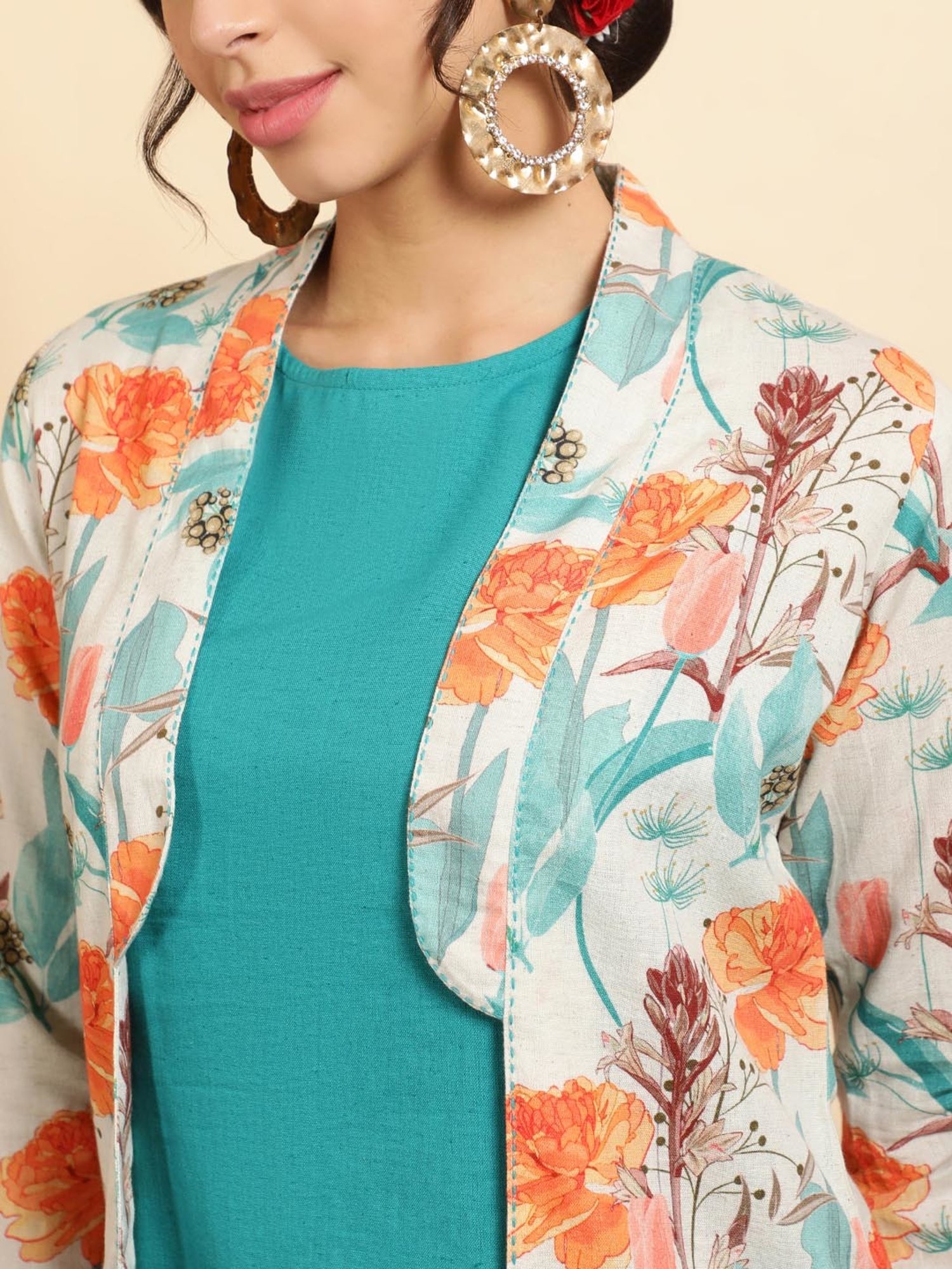 Jaipur Kurti Turquoise Printed Kurta & Palazzo Set With Shrug