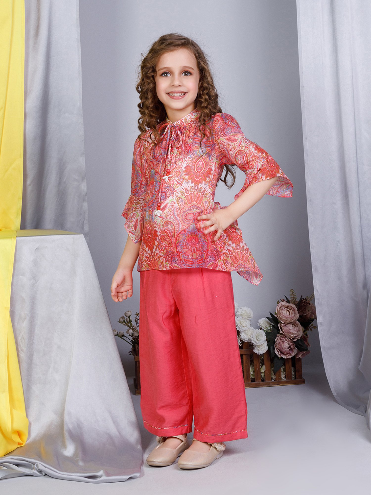 Peppermint Kids Peach Printed Top, Inner with Pants