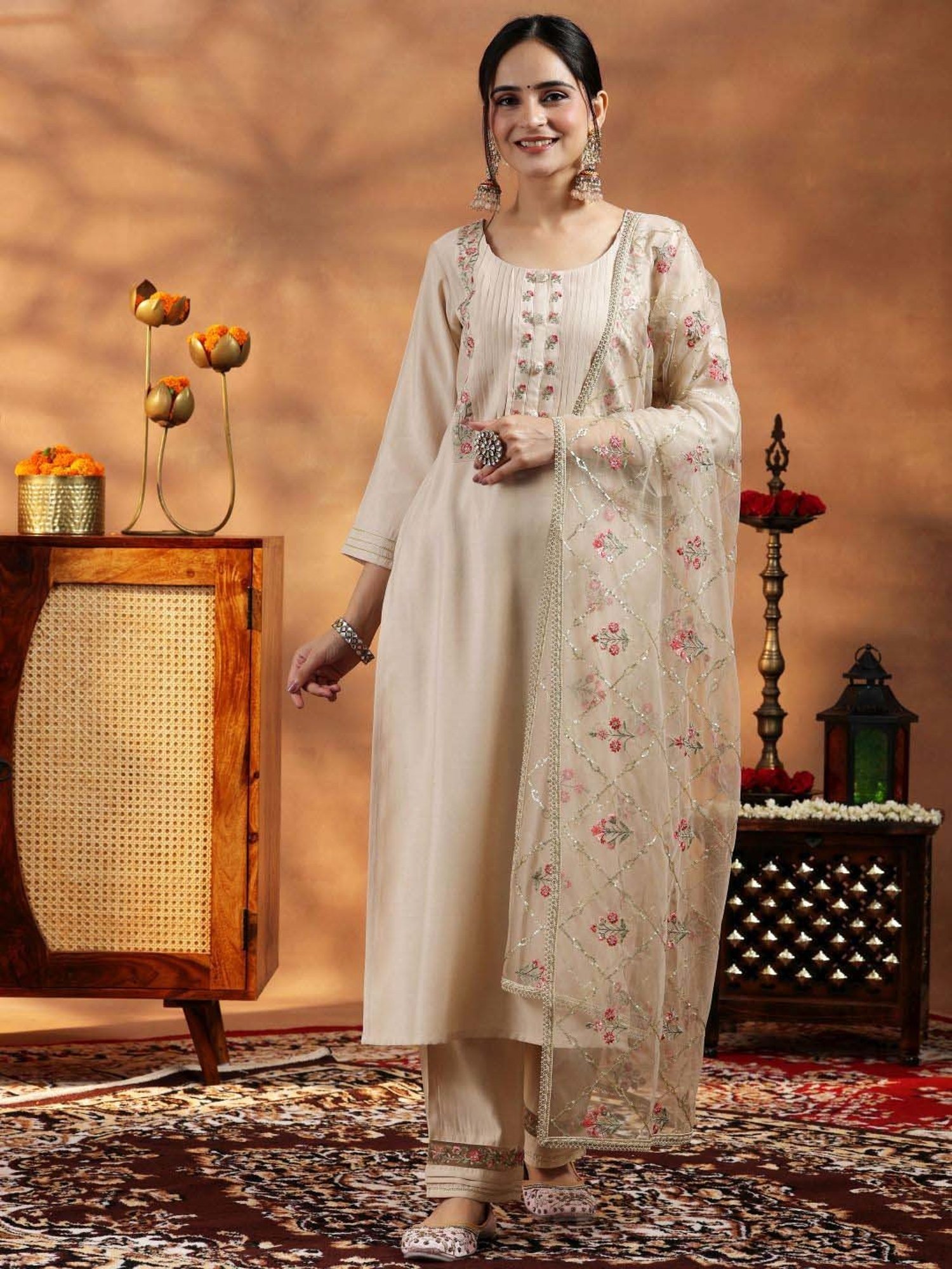 Libas Beige Embroidered Kurta Pant Set With Dupatta
