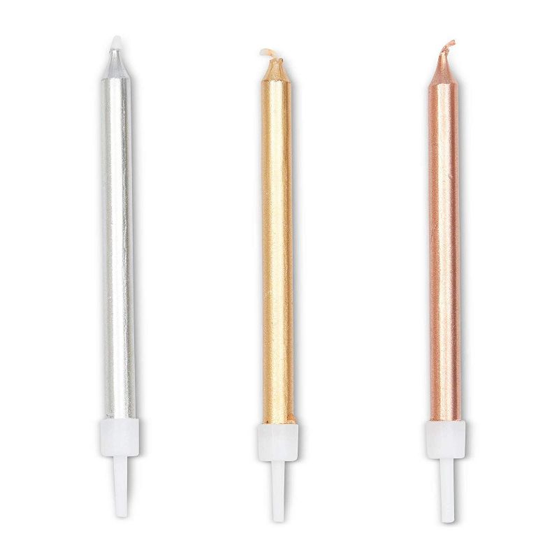 Blue Panda 72 Pack Metallic Long Thin Birthday Cake Candles 3-Inch with Holders - Silver, Gold, Rose Gold