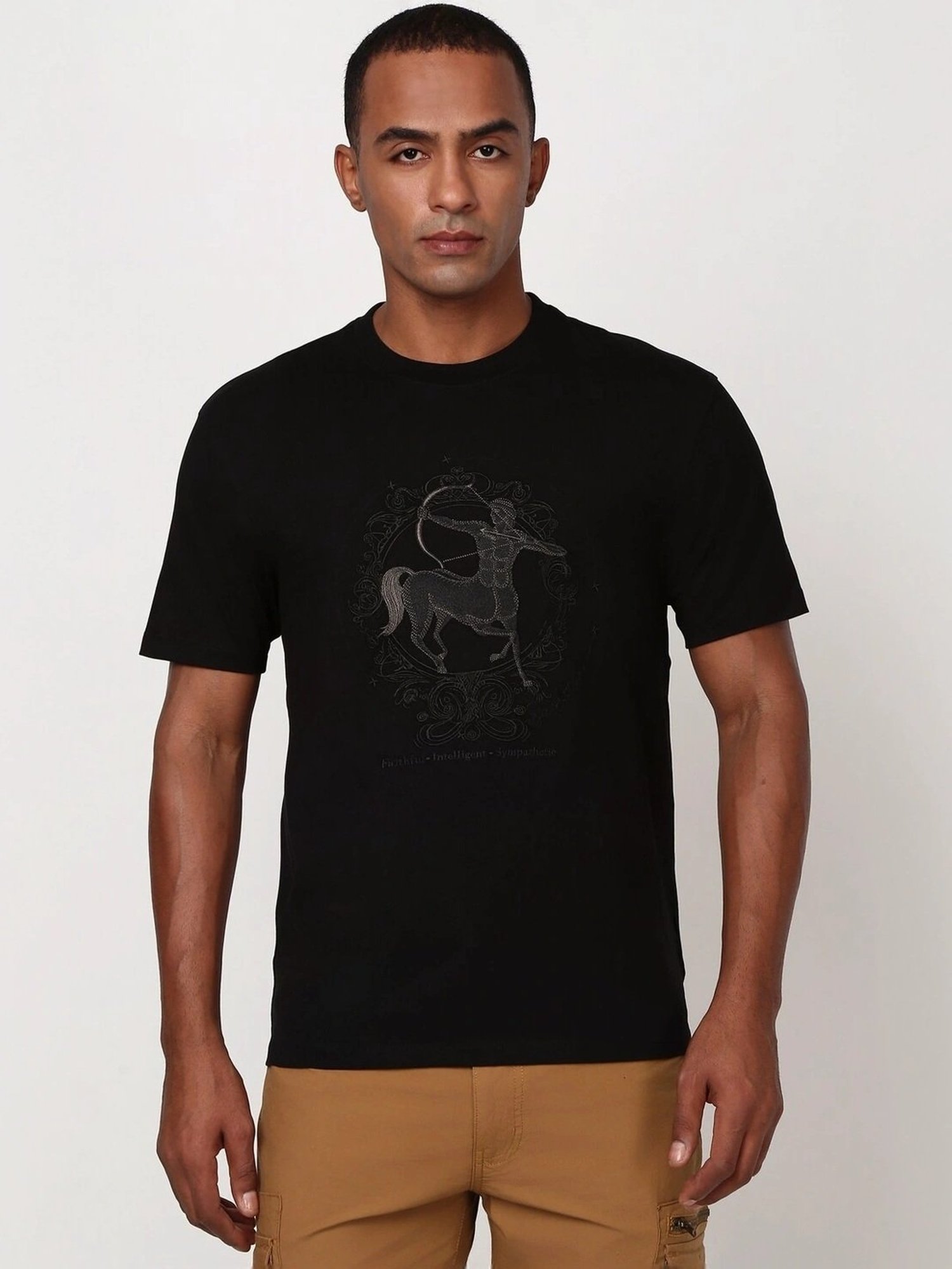 Peter England Casuals Black Cotton Regular Fit Embroidered T-Shirt