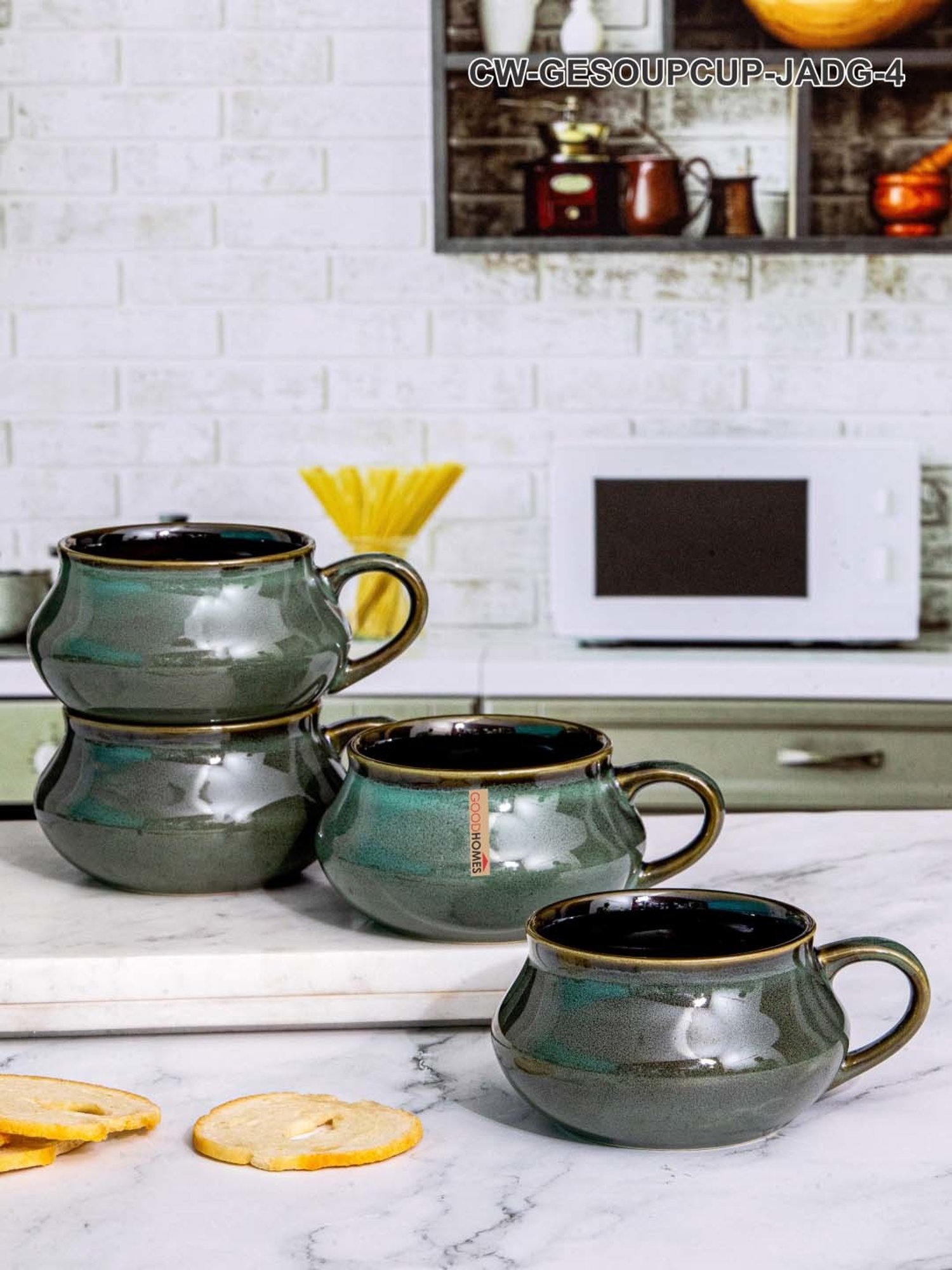 Goodhomes Green Ceramic Soup Cup (0.24 L) - Set of 4