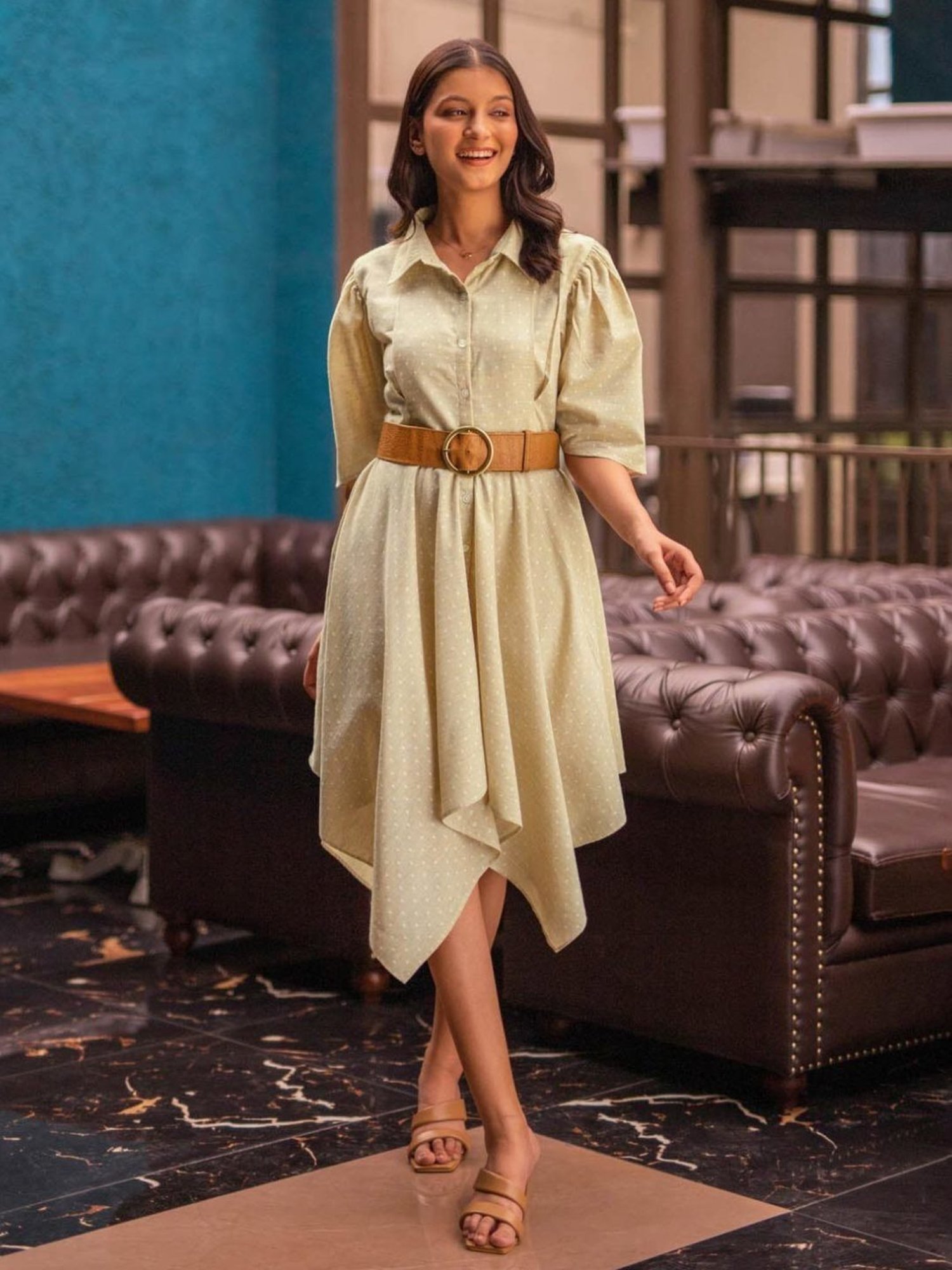 BInfinite Khaki Chambray Handkerchief Dress