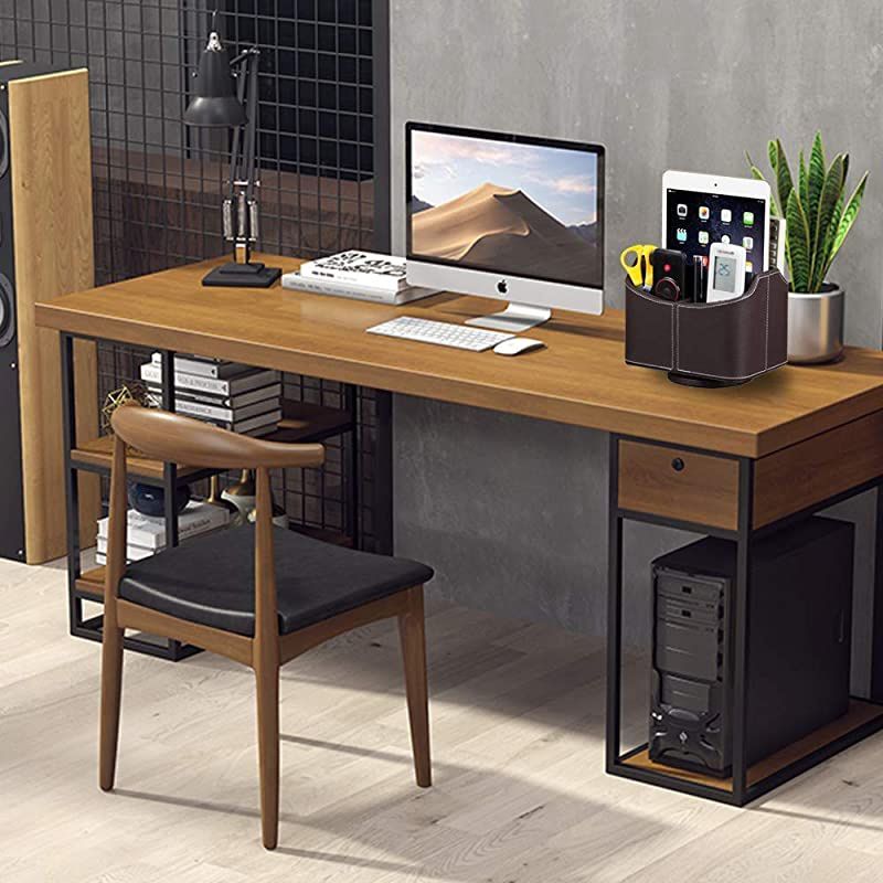 Control Holder PU Leather 360 Degrees Rotatable Desktop Supply Organizer Storage Box for Controllers Media Stationery Nightstand TV Caddy Ereader iPad Phone PenPencil CosmeticBrown