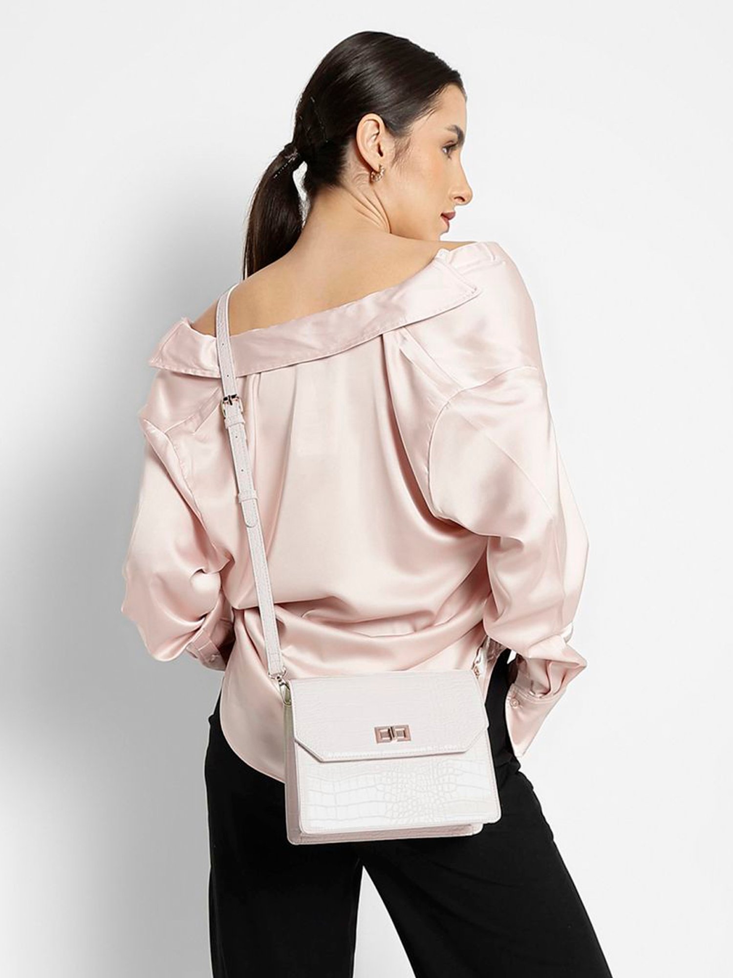 Tyra Lita White Textured Faux Leather Sling Handbag