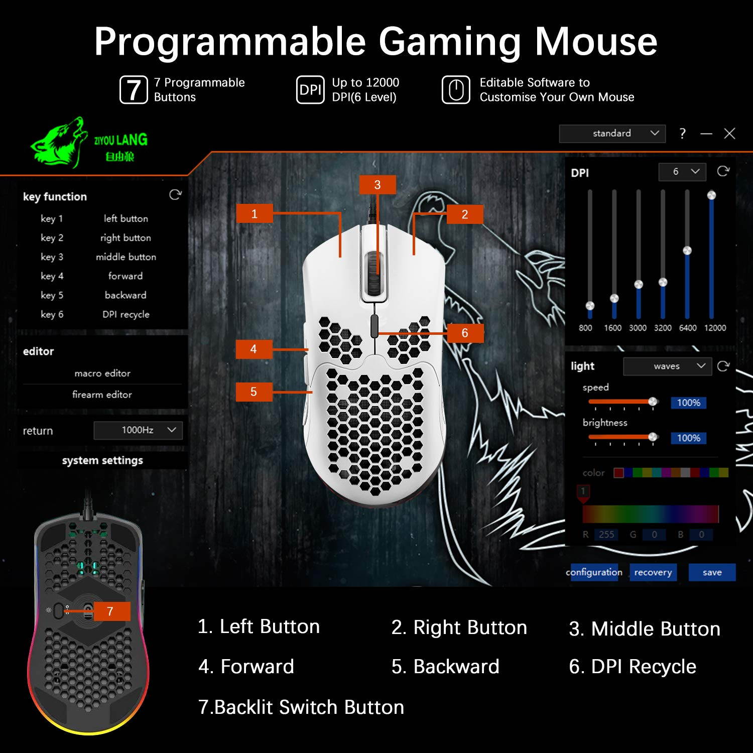 Lightweight Wired Gaming Mouse with 7 Button 26RGB Backlit Programmable Driver PAW3325 12000 DPI Optical Sensor Ultralight Ergonomic 65G Honeycomb Shell Ultraweave Cable for PC Xbox PS4 Gamer