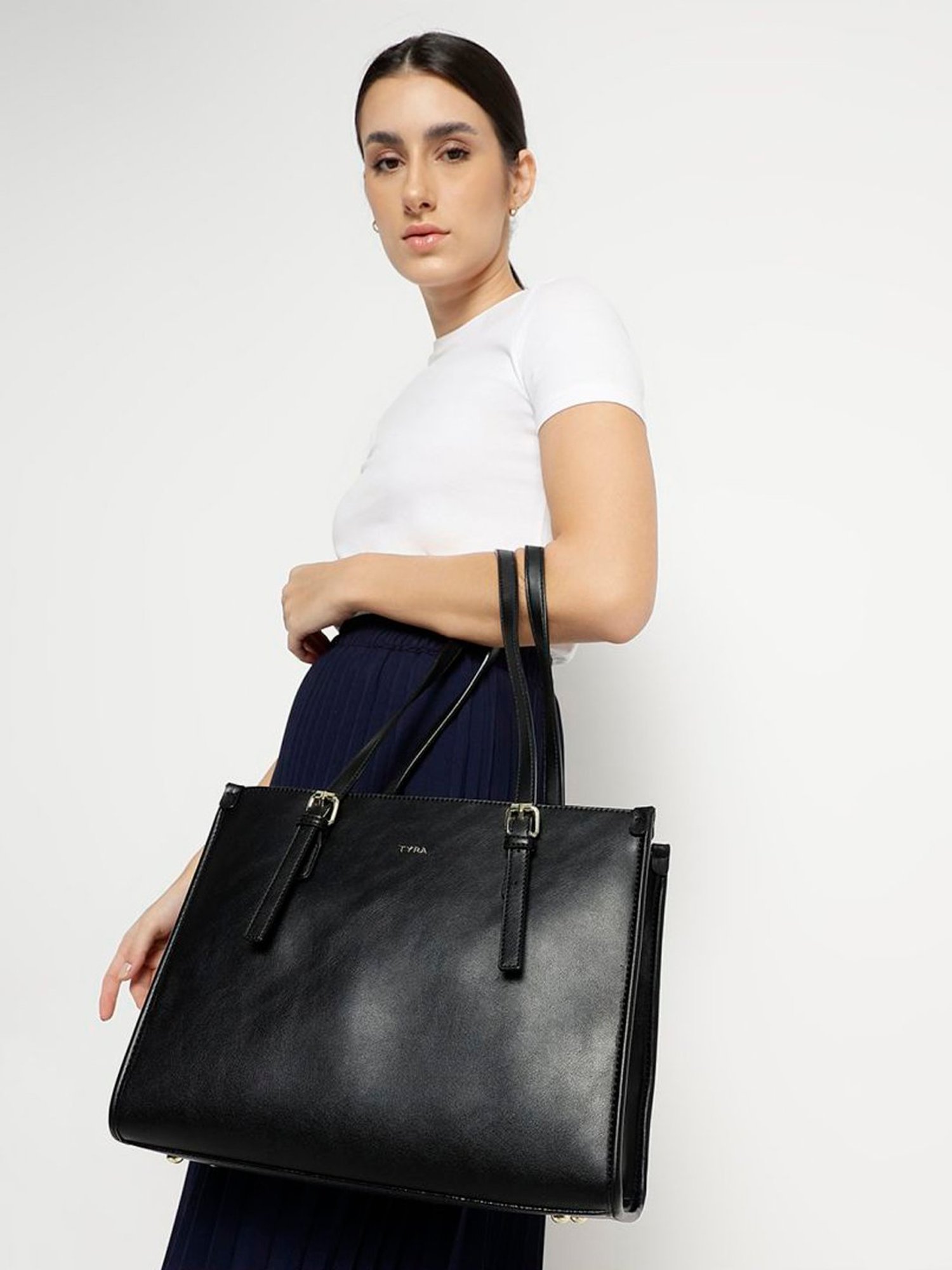 Tyra Hazel Black Solid Faux Leather Tote Handbag