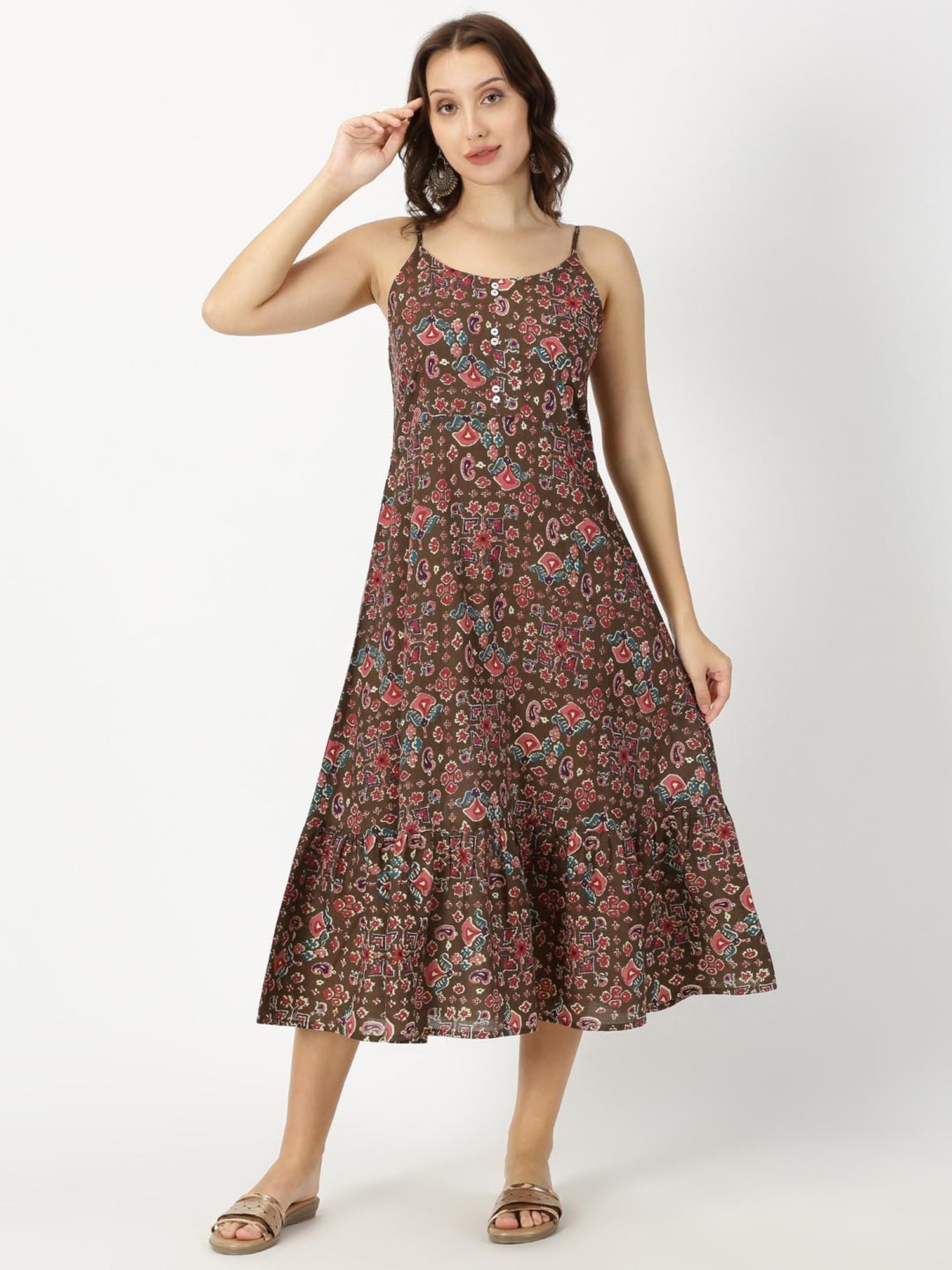 Saffron Threads Brown Cotton Printed Ethnic Dress