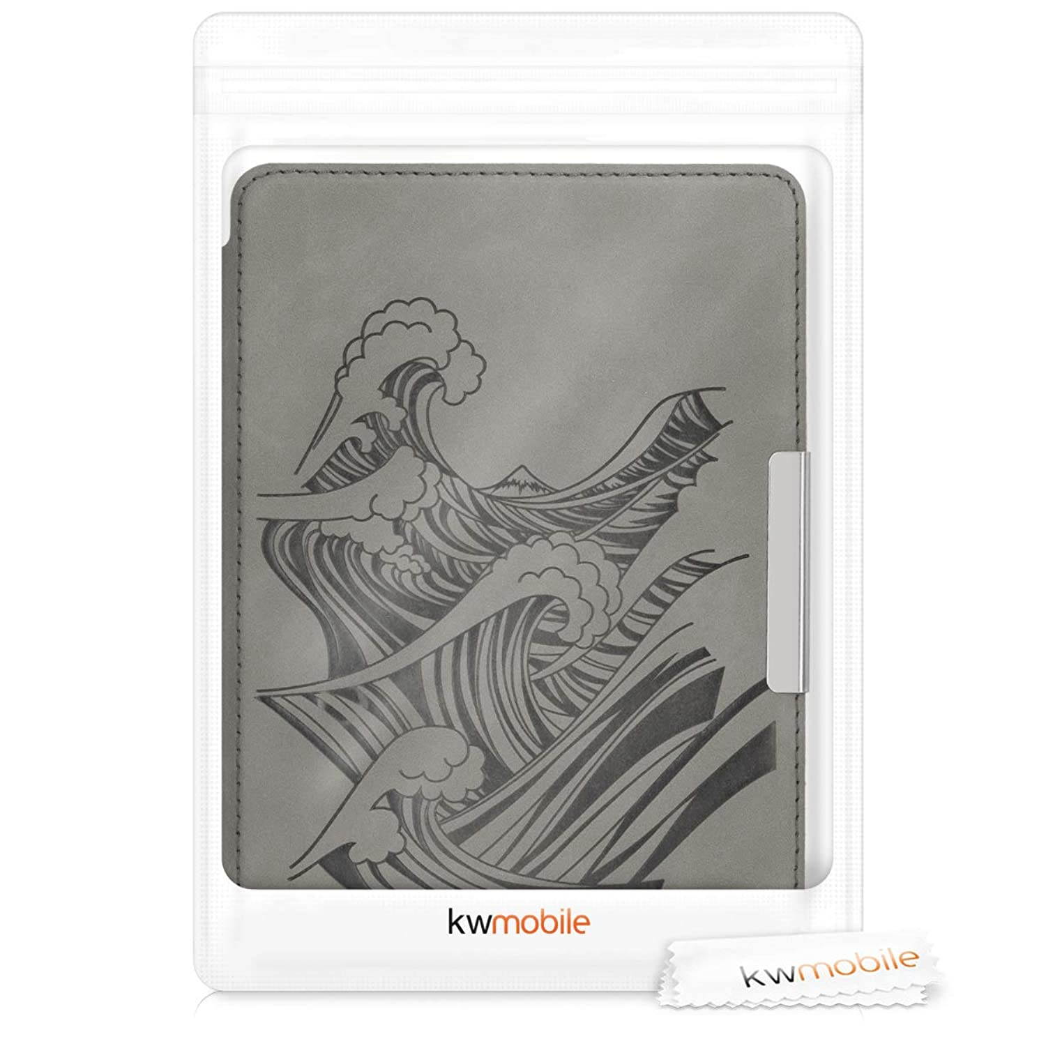 kwmobile Case Compatible with Amazon Kindle Paperwhite (10. Gen - 2018) - PU Nubuck Leather Protective e-Reader Flip Case Cover - Waves Grey