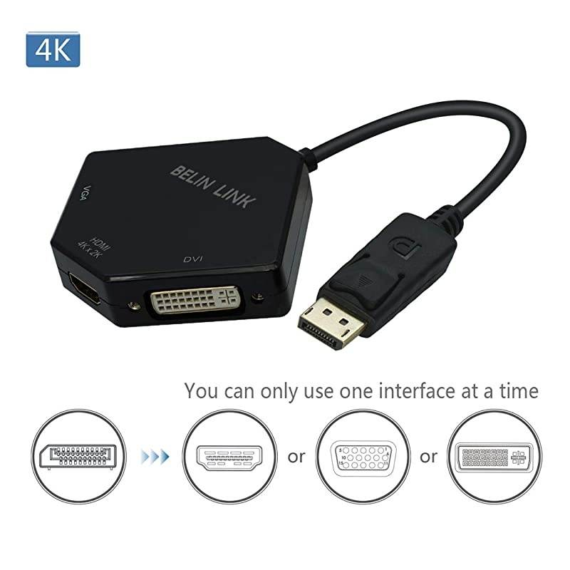 DP to HDMI VGA DVI Adapter Displayport to HDMI 4K Adapter 3 in 1 Display Port to HDMI VGA DVI Converter Male to Female GoldPlated Diamond Shaped Black