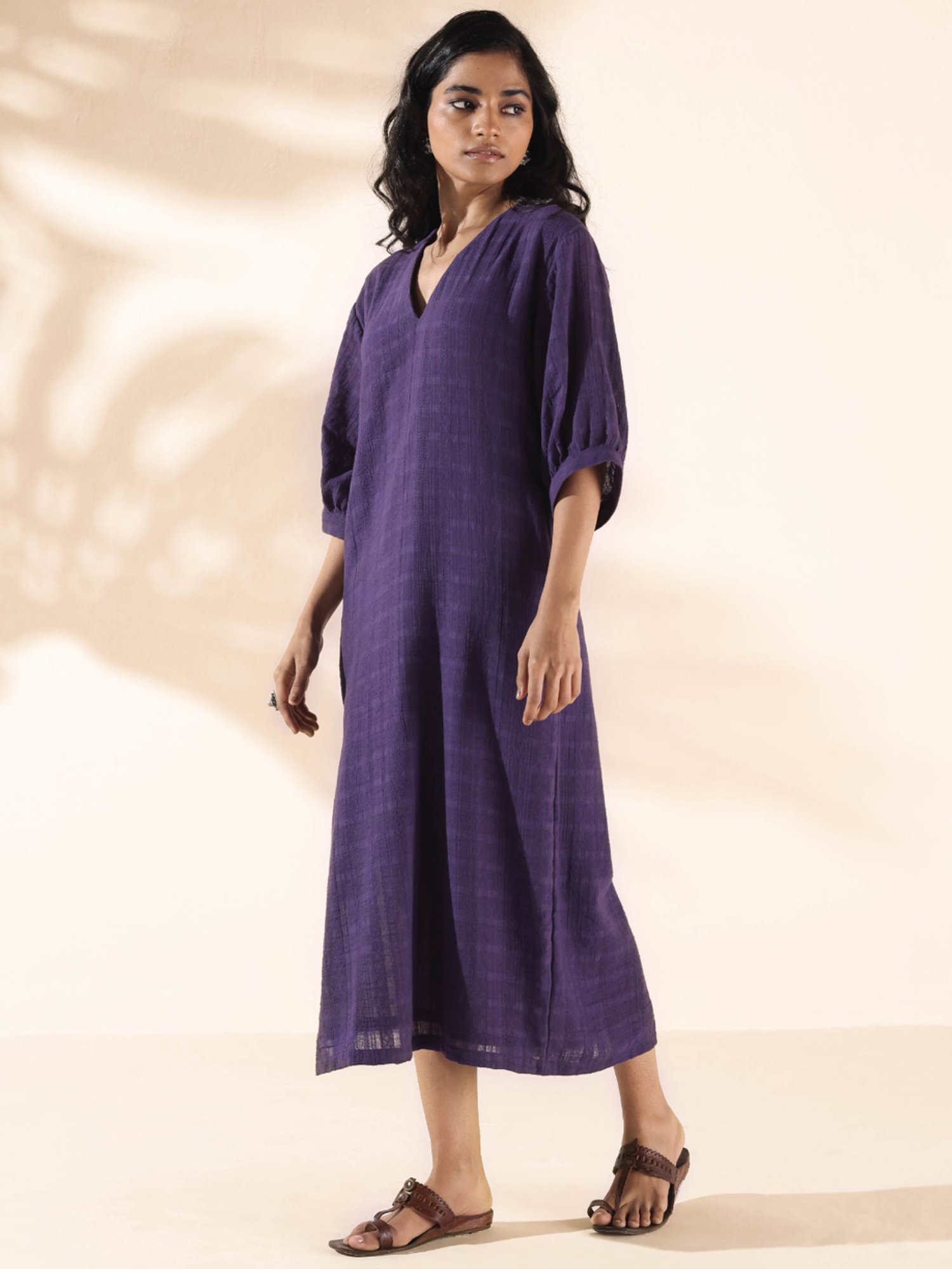 true Browns Purple Cotton Self Pattern A-Line Dress