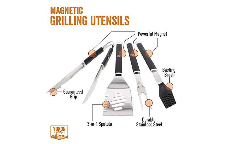 Yukon Glory Magnetic BBQ Grilling Tools Set, Extra Heavy Duty Stainless Steel with Powerful Embedded Magnets Allows Convenient Placement.