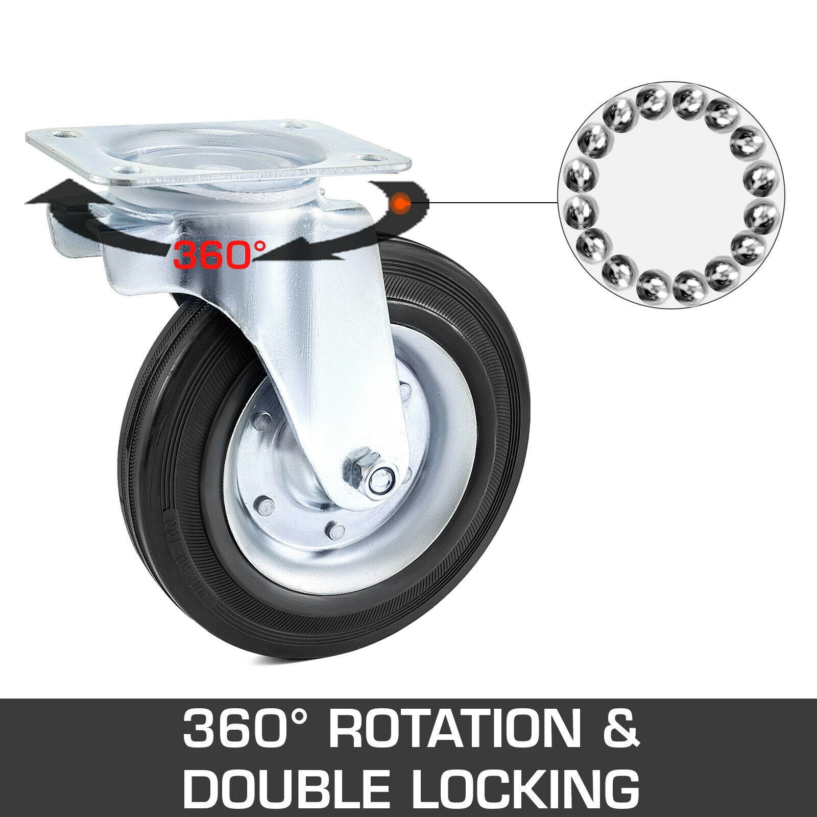8\" Rubber Swivel Casters Steel Core 360 Swivel Steel Floor Protection Top Plate