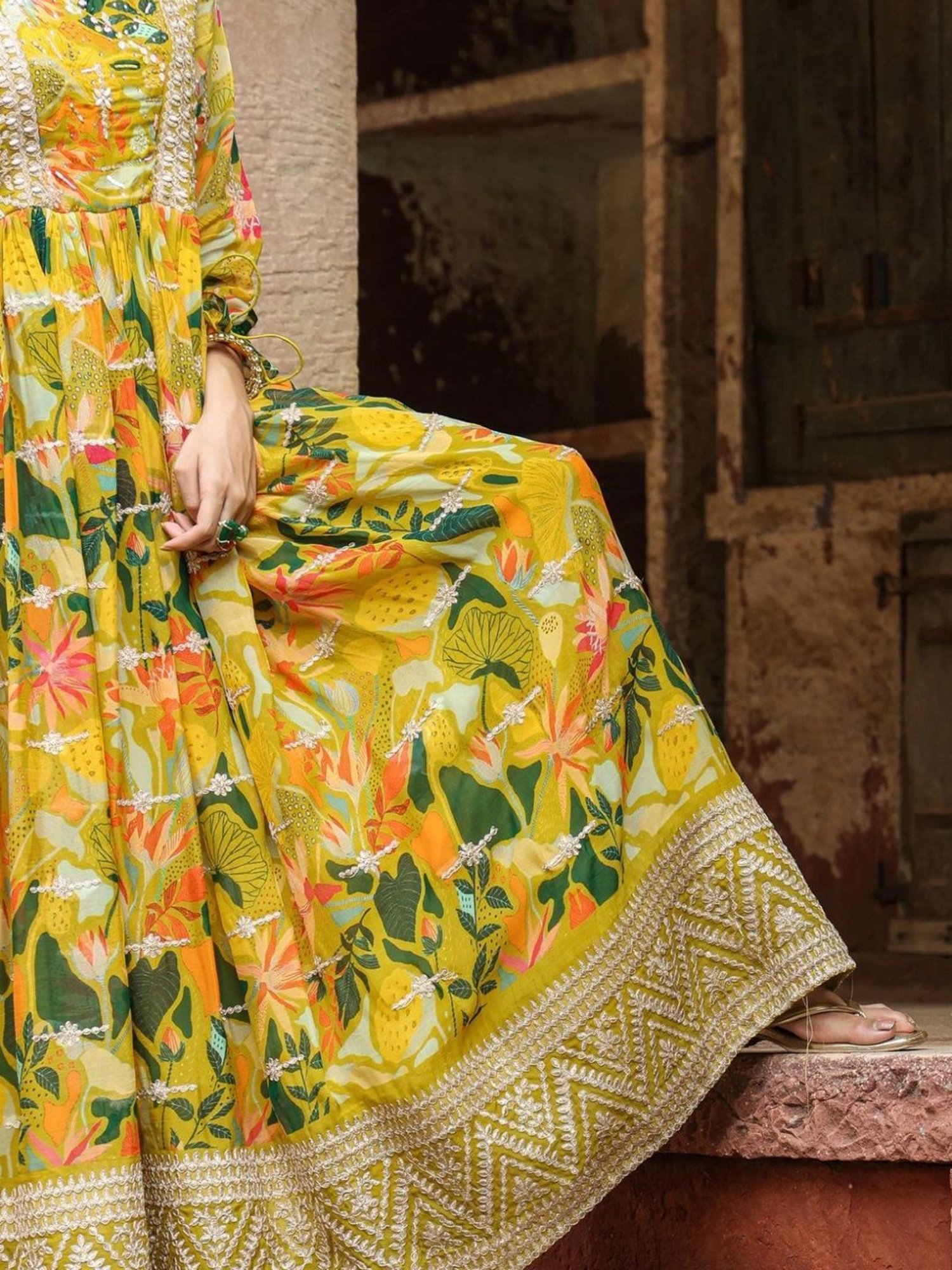 SCAKHI Lime Green Organza Floral Print & Gota Work Gathered Angrakha Gown