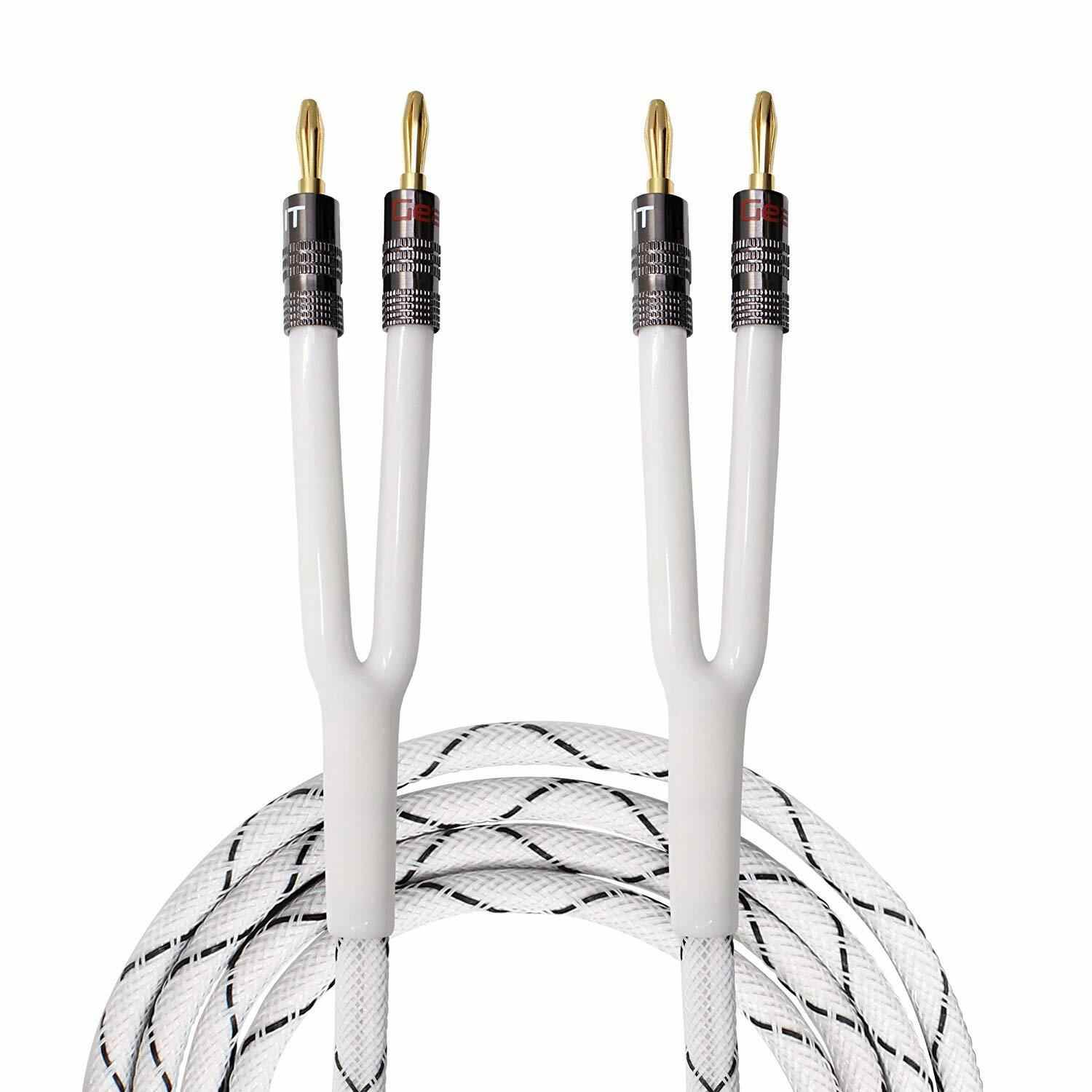GearIT 14AWG Premium Heavy Duty Braided Speaker Wire (10 Feet) with Dual Gold Plated Banana Plug Tips - Oxygen-Free Copper (OFC) Construction, White