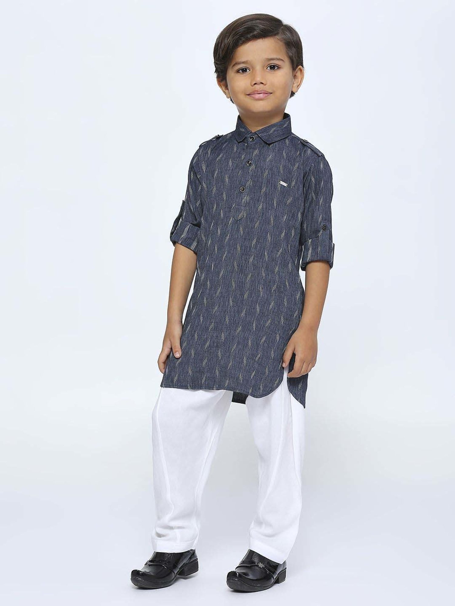 Kids Island Boys Blue & White Printed Full Sleeves Kurta Set