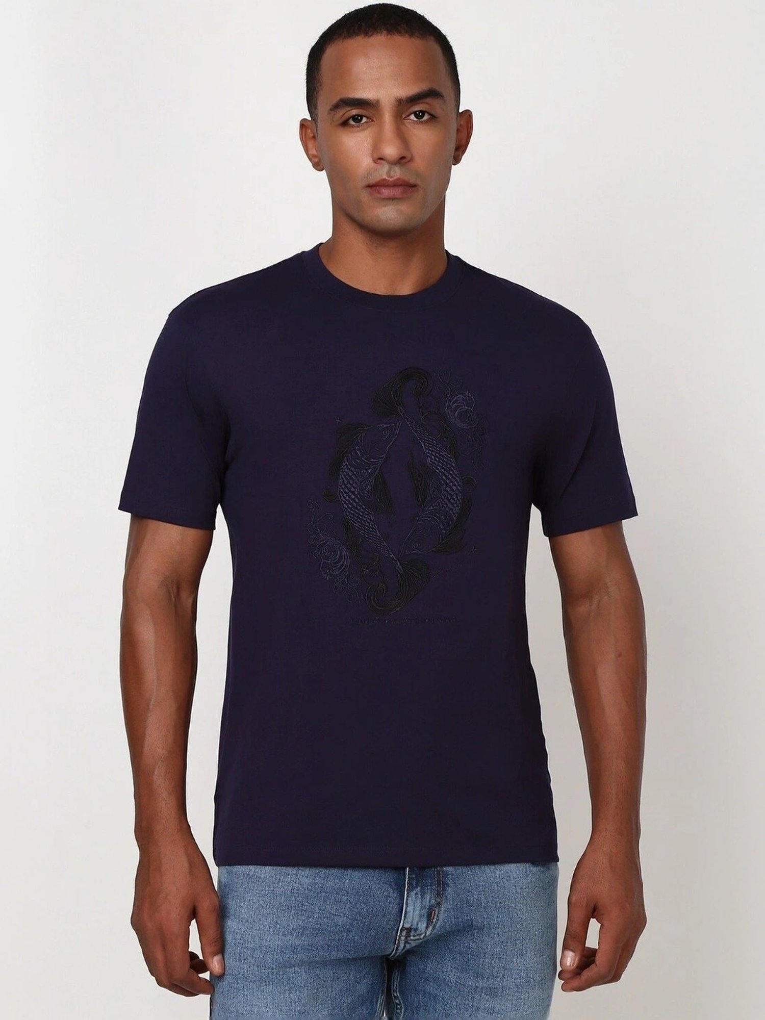 Peter England Casuals Purple Cotton Regular Fit Embroidered T-Shirt