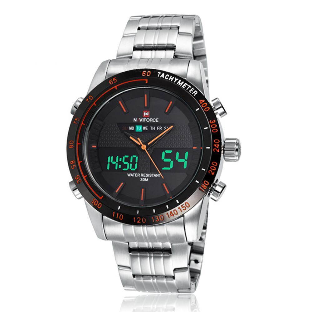 Naviforce Men Waterproof Sports Casual Watch LED Dual Dispkay Quartz     white shell black surface orange scale
