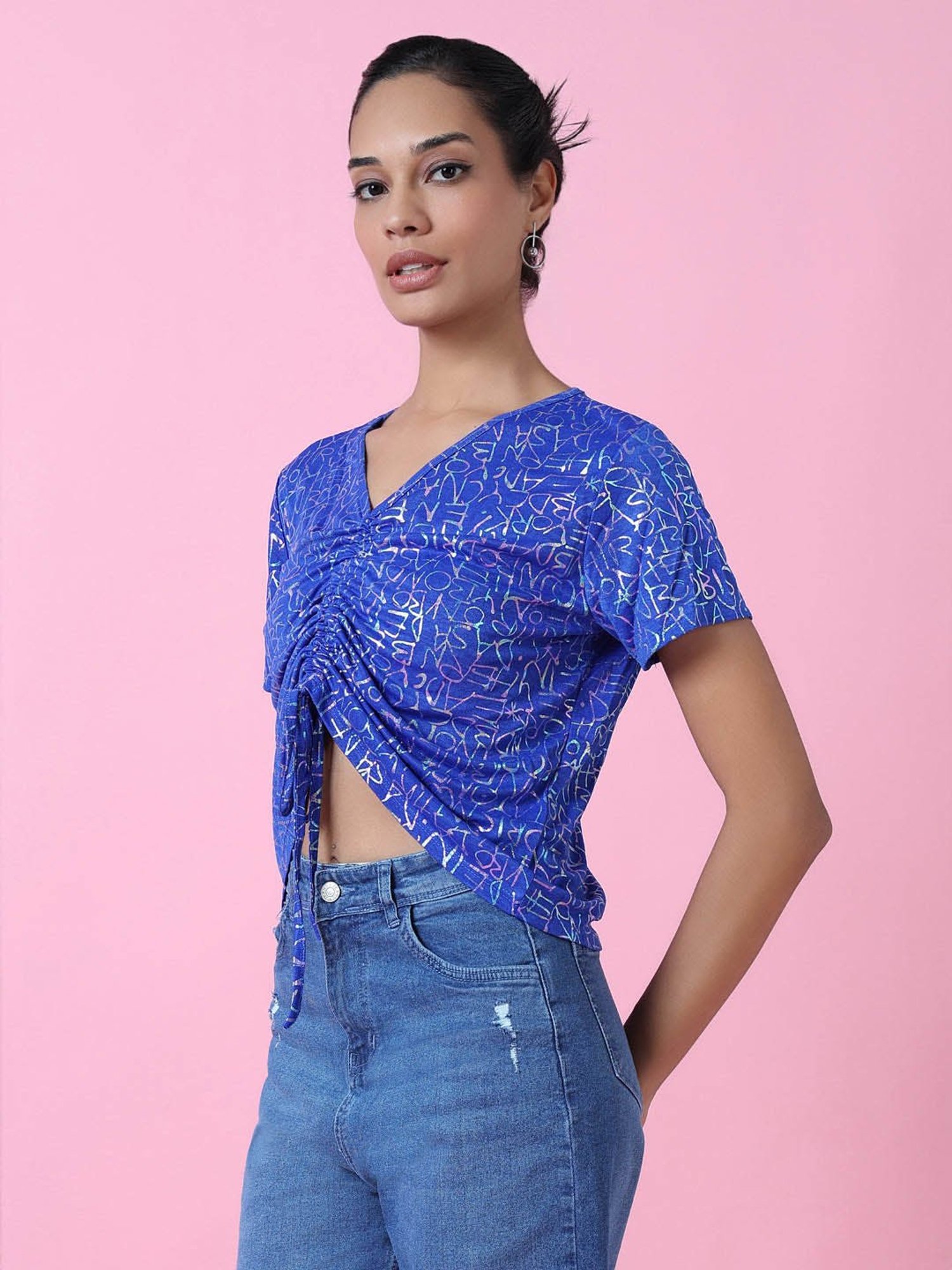 SHOWOFF Blue Printed Crop Top