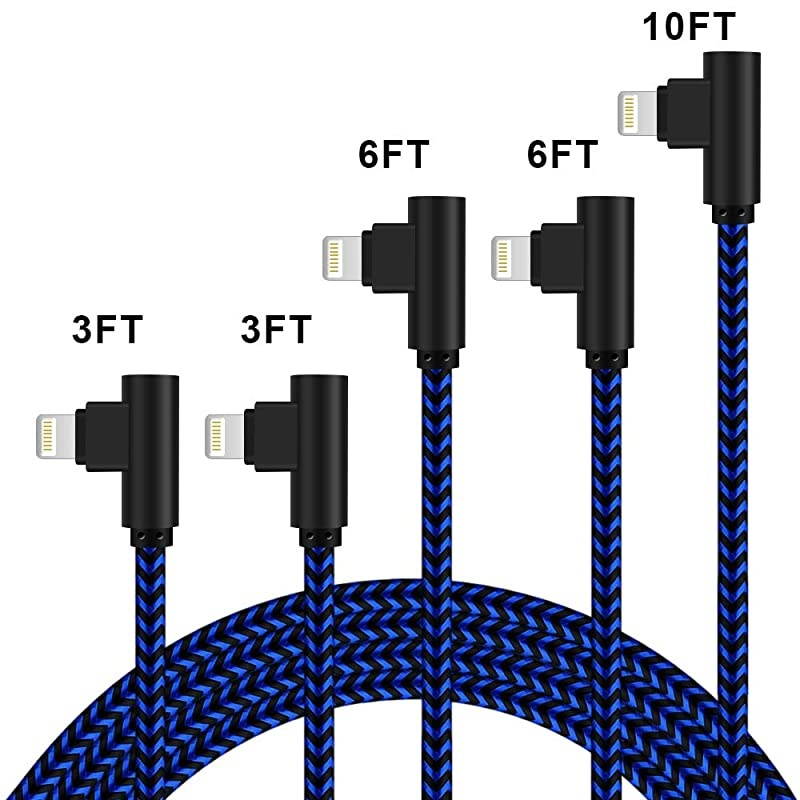 Angle iPhone Charger 5Pack 90 Degree Lightning Cable 3FT/6FT/10FT Long Nylon Braided iPhone Data Cable Wire Fast Charging Cord Compatible iPhone/iPad/ (Blue Black)