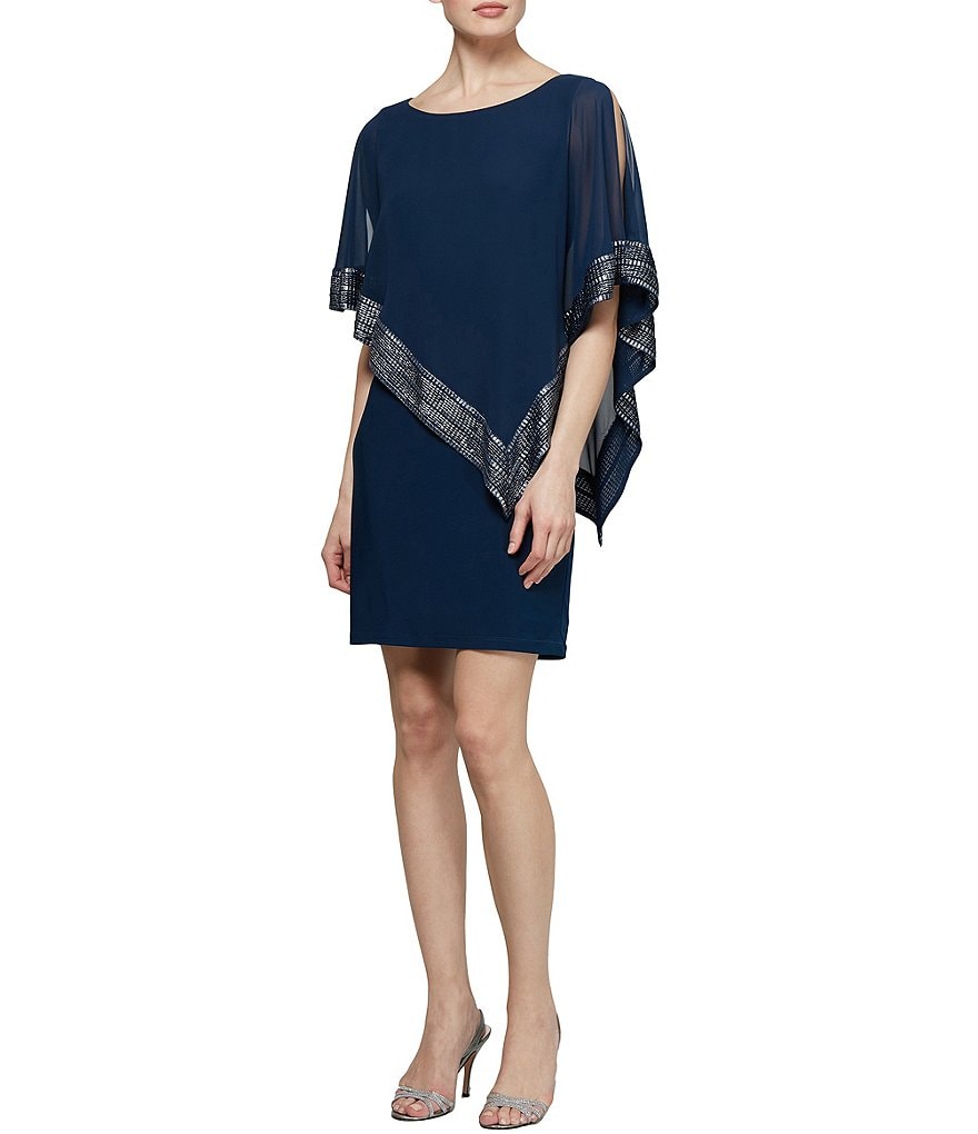 Ignite Evenings Round Neck 3/4 Cold Shoulder Sleeve Foil-Trim Asymmetrical Hem Dress