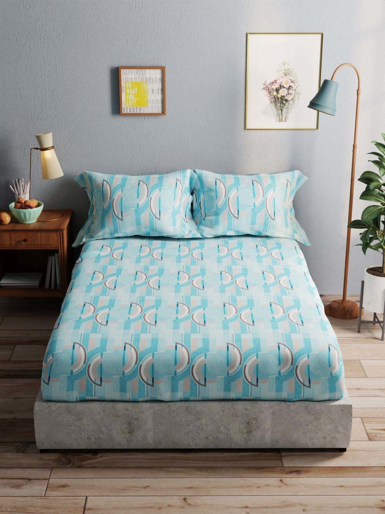 Bianca Amolina Blue 135 TC Cotton Double Bedsheet with 2 Pillow Covers