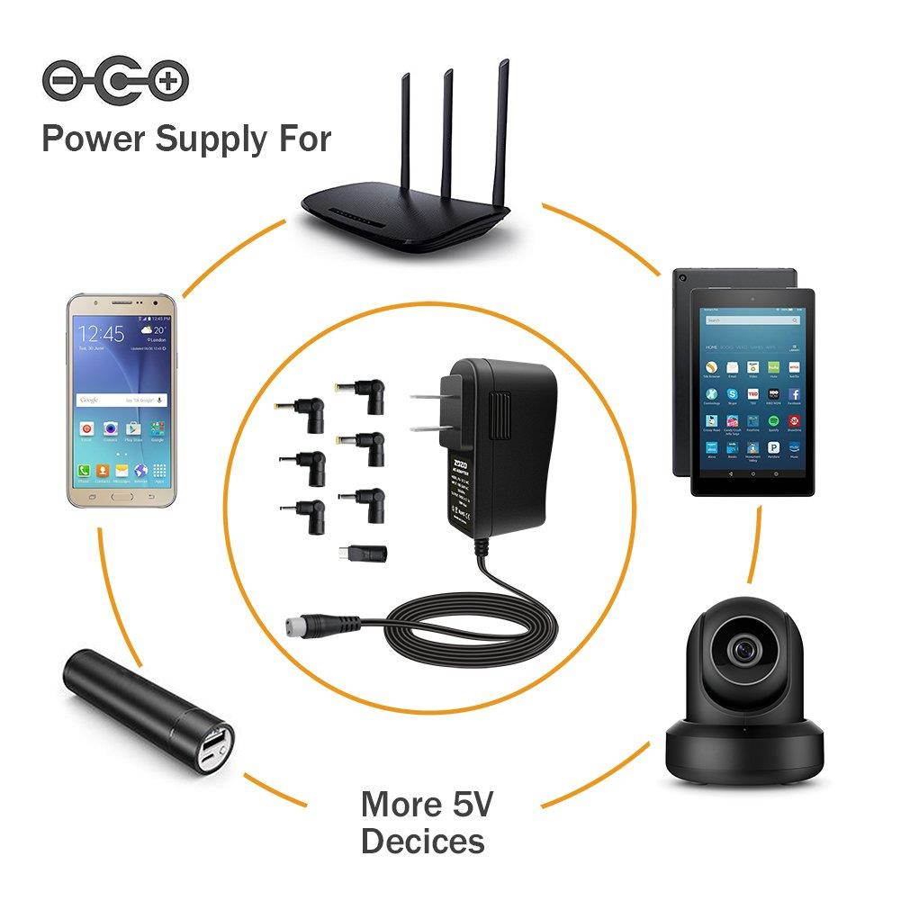 ZOZO 10W 5V2a (2000mA) Multi Tip Switching Replacement AC Power Adapter Wall Charger for Android Tablets Webcam Routers Toys Recorder Bluetooth Speaker and More DC 5v Devices