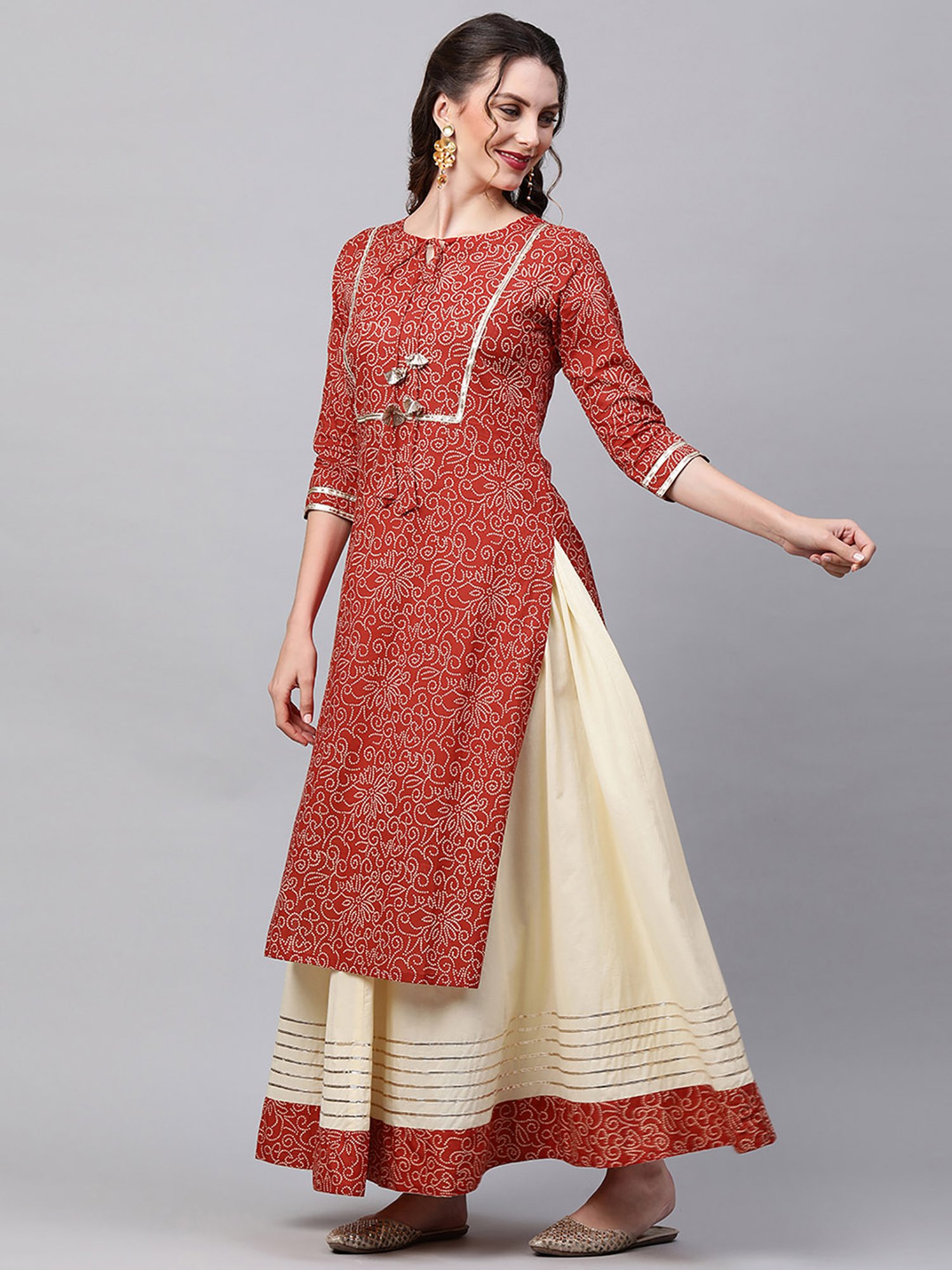 Indo Era Red & Cream Bandhani Kurta Skirt Set