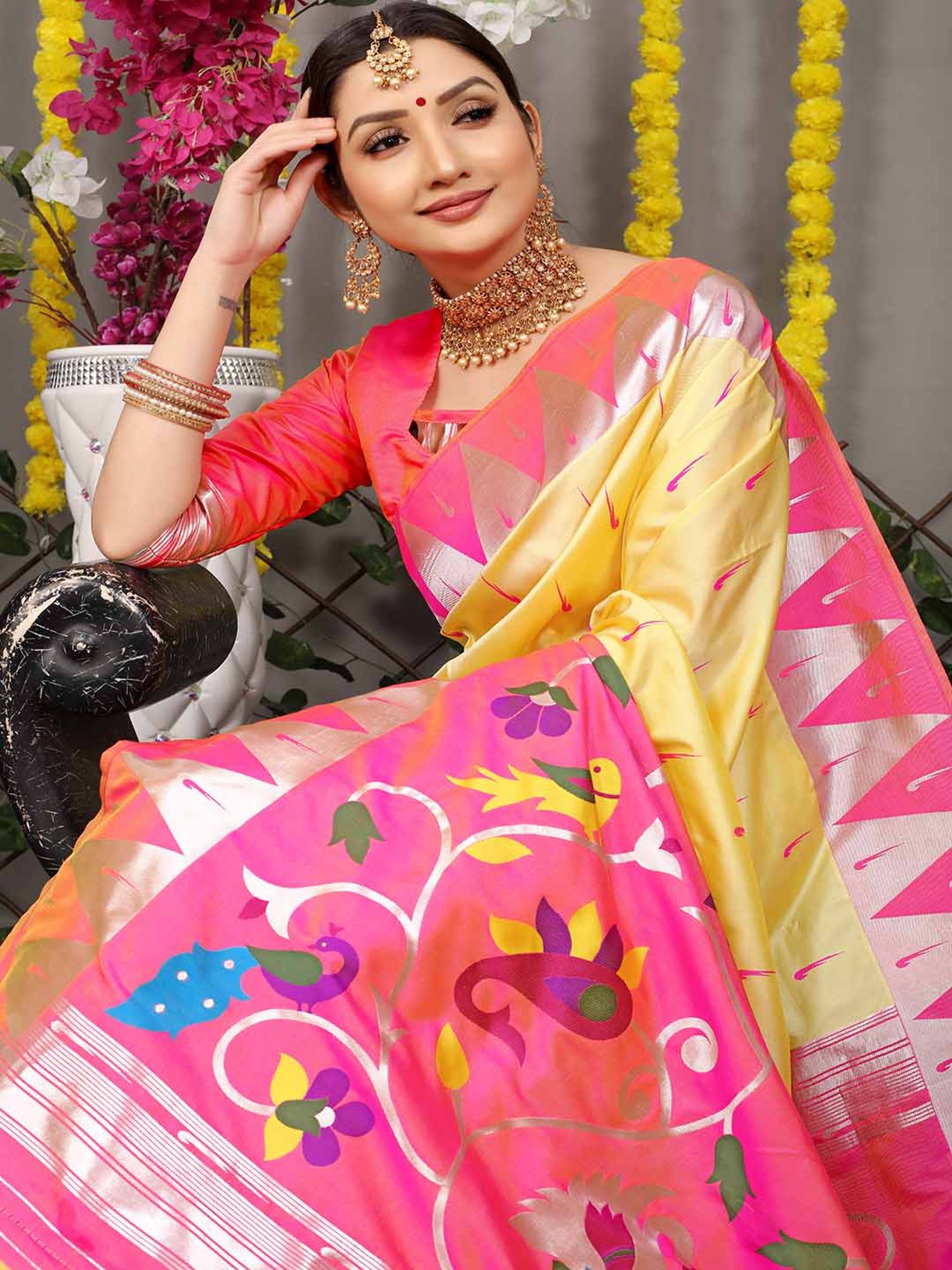 SHUBHKALA Light Yellow Silk Woven Saree With Unstitched Blouse