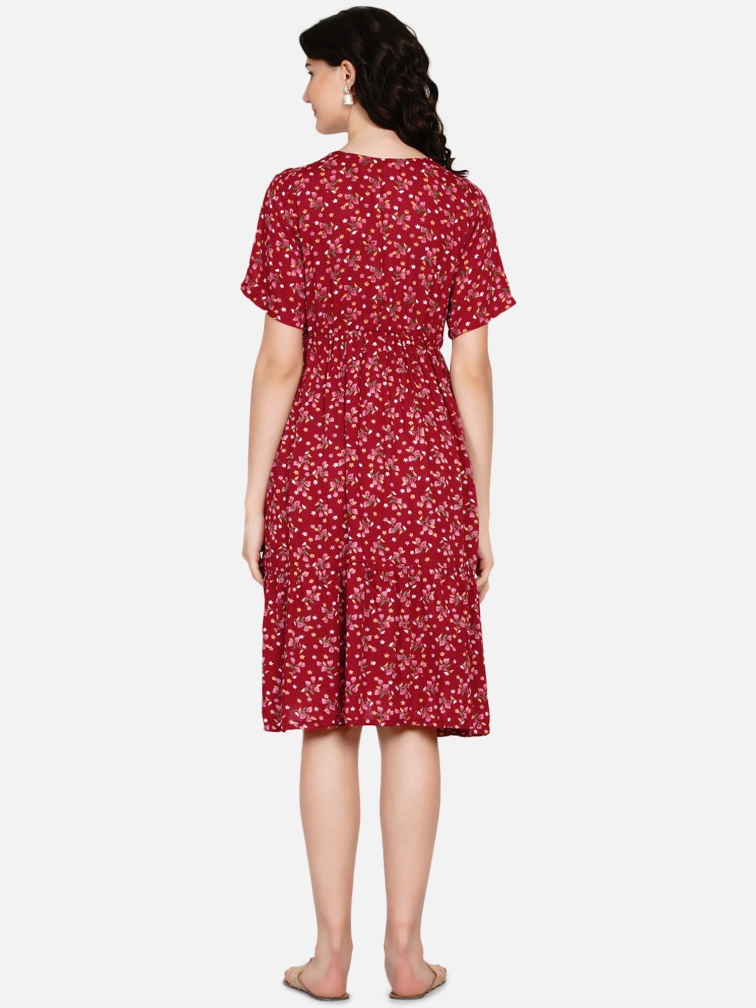 Mine4Nine Maroon Floral Print Maternity Dress