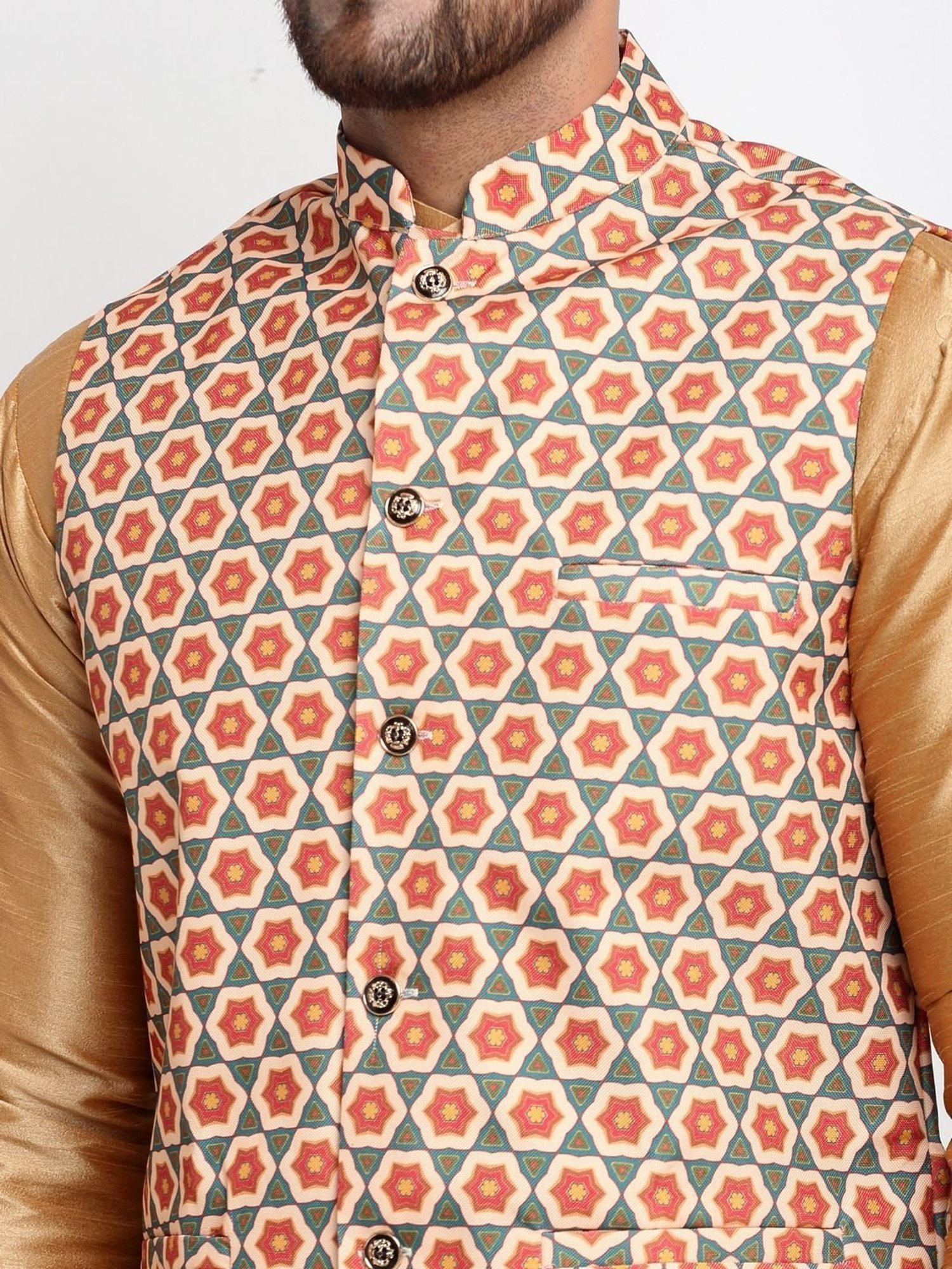 Benstoke Copper & Olive Green Regular Fit Geometric Kurta Set With Jacket