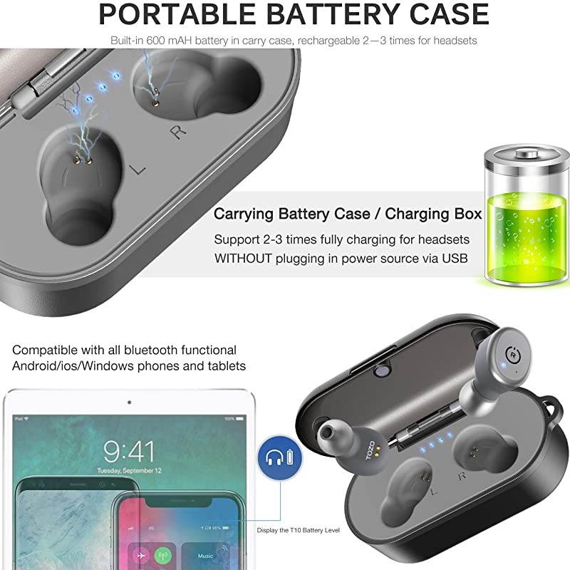 T10 Bluetooth 5.0 Wireless Earbuds with Wireless Charging Case IPX8 Waterproof TWS Stereo Headphones in Ear Built in Mic Headset Premium Sound with Deep Bass for Sport Gray