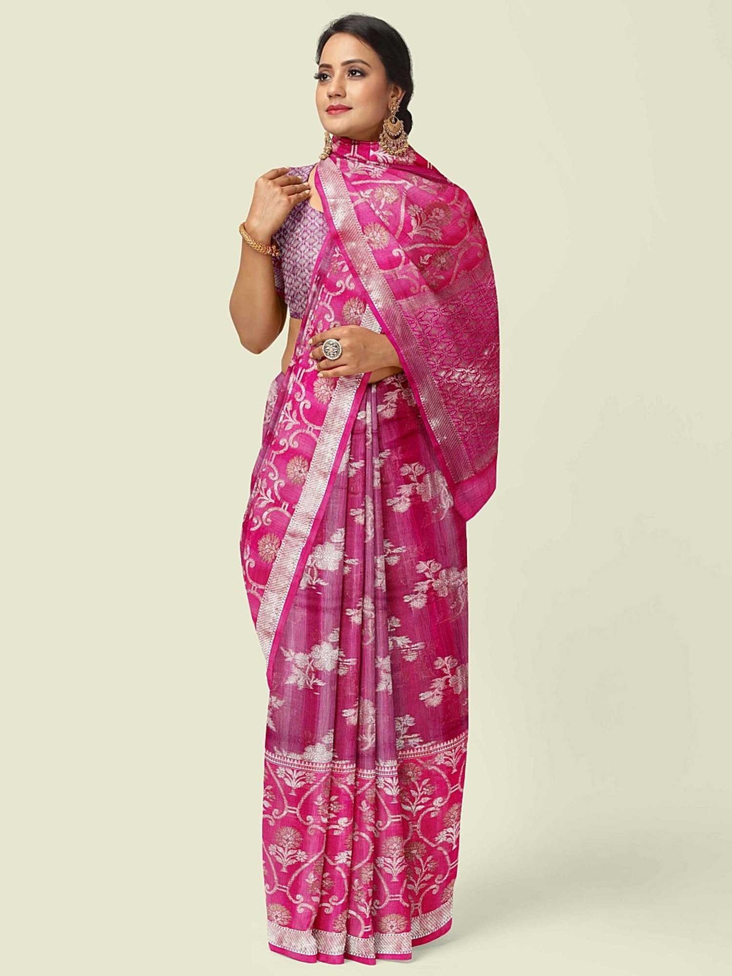 Banarasi Silk Works Pink Woven Saree With Unstitched Blouse