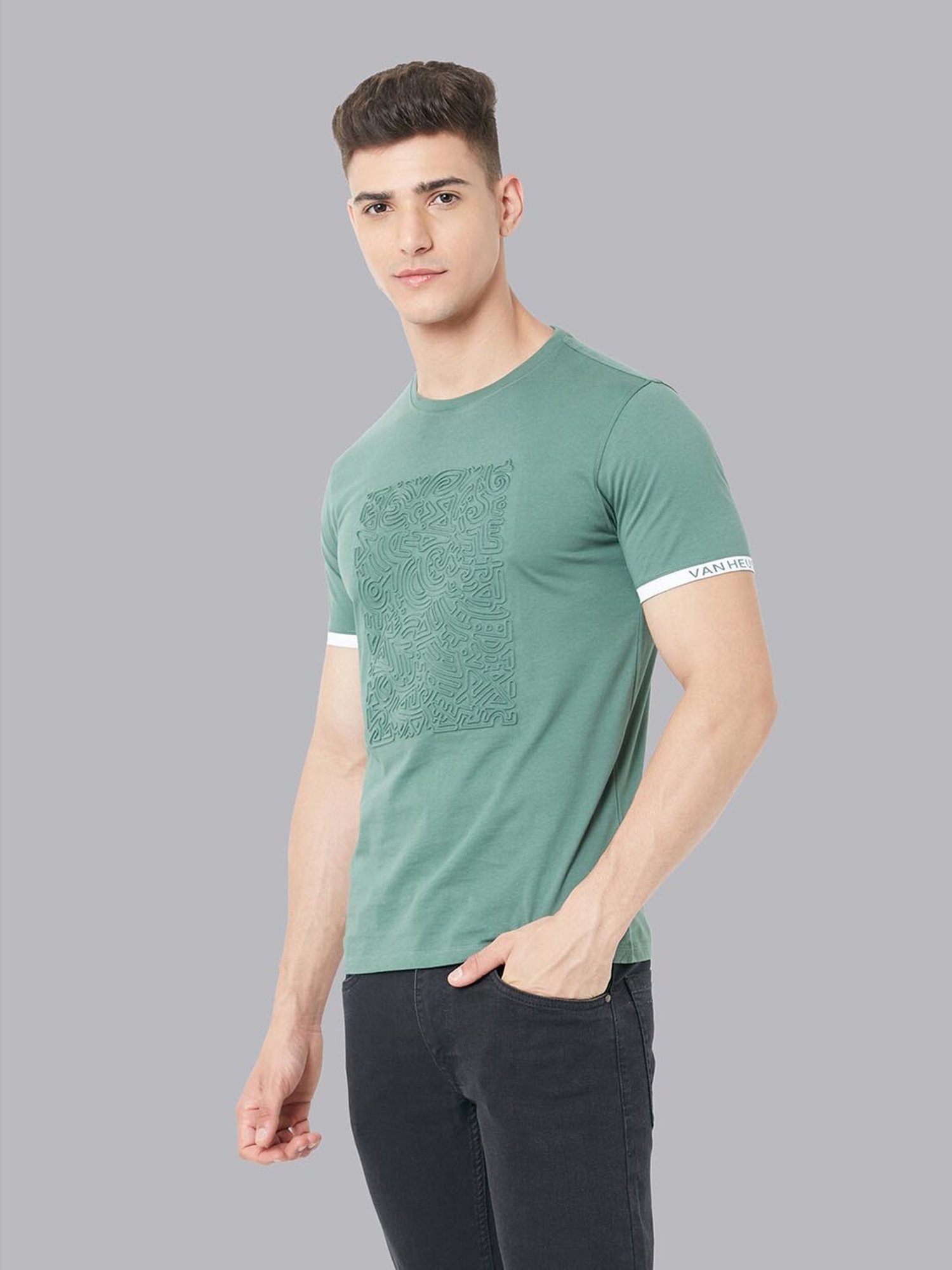 V Dot Green Cotton Slim Fit Printed T-Shirt