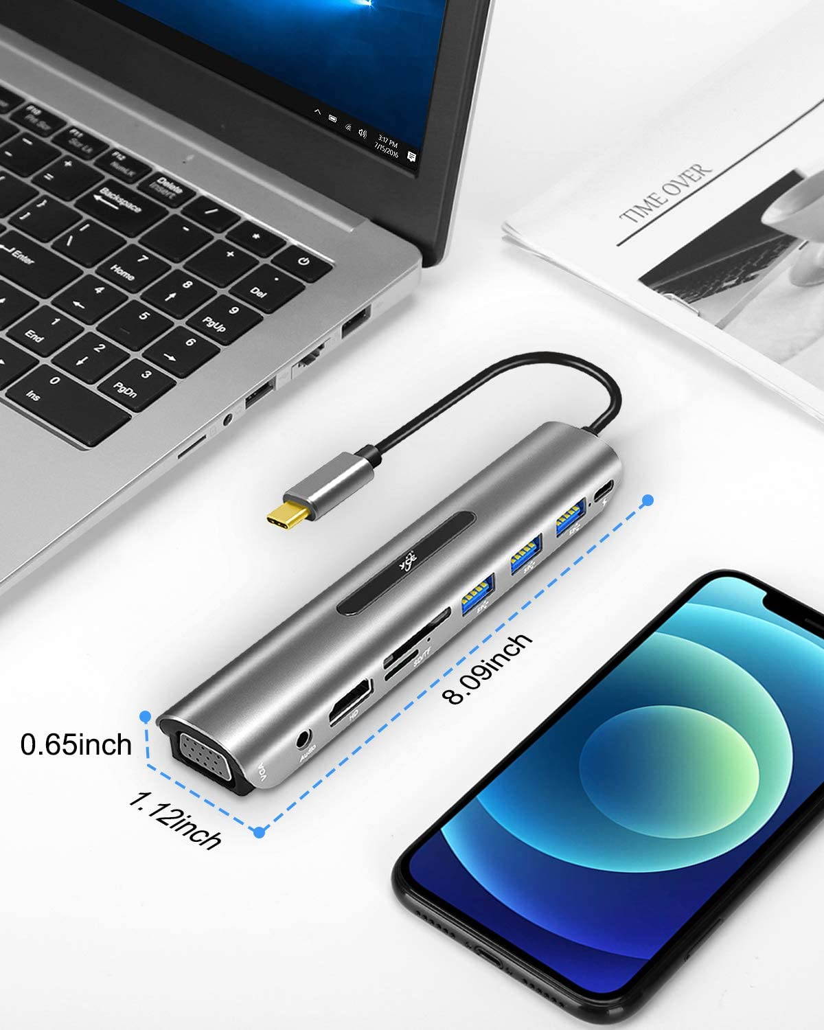 USB C Hub, USB C Dock,9 in1 USB C Docking Station Adapter with 4K HDMI, VGA, 100W PD, 4 USB Ports, SD TF Card Reader Multiport HDMI Dock for MacBook Pro/Air and USB-C Laptops