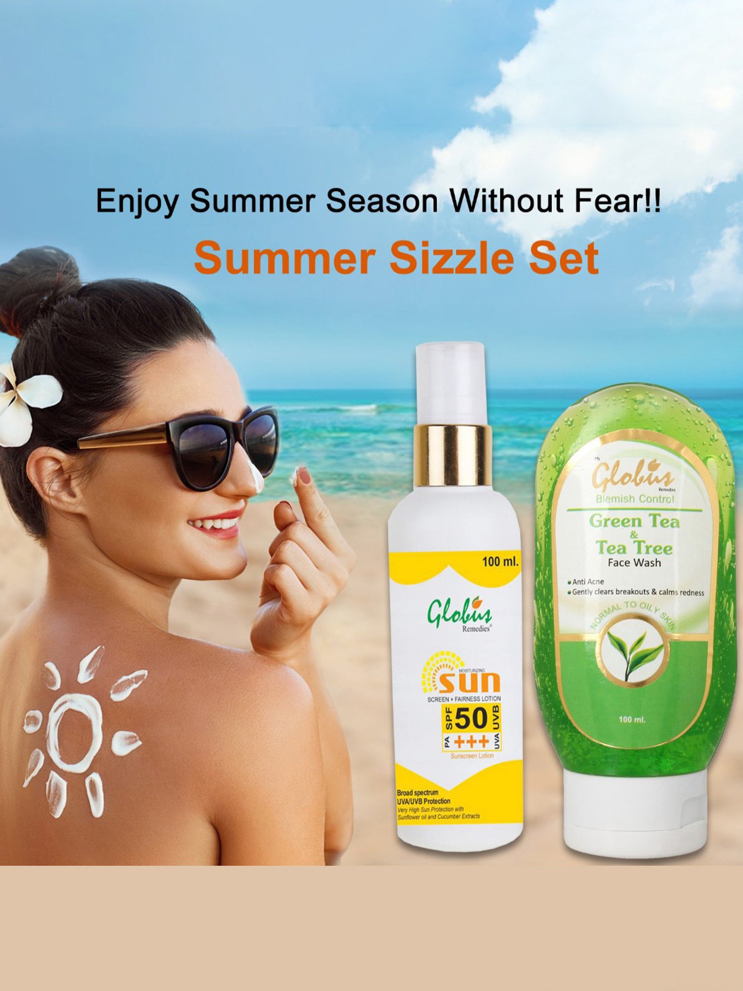 Globus Remedies Sunscreen Fairness Lotion SPF 50+++ & Green Tea & Tea Tree Face Wash Combo