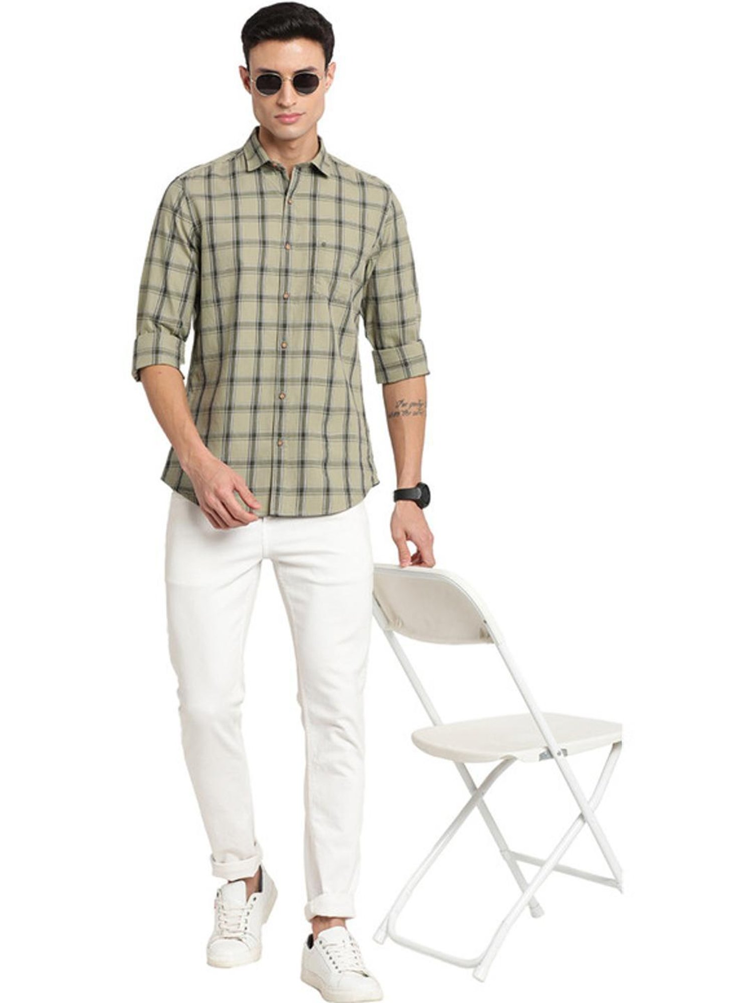 Turtle Sage Green Cotton Slim Fit Checks Shirt