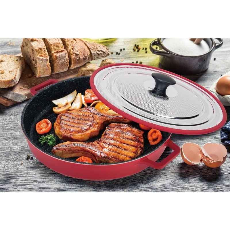 MasterPan 12" Non-Stick Cast Aluminum Stovetop Oven Grill Pan with Heat-In Steam-Out Lid Red