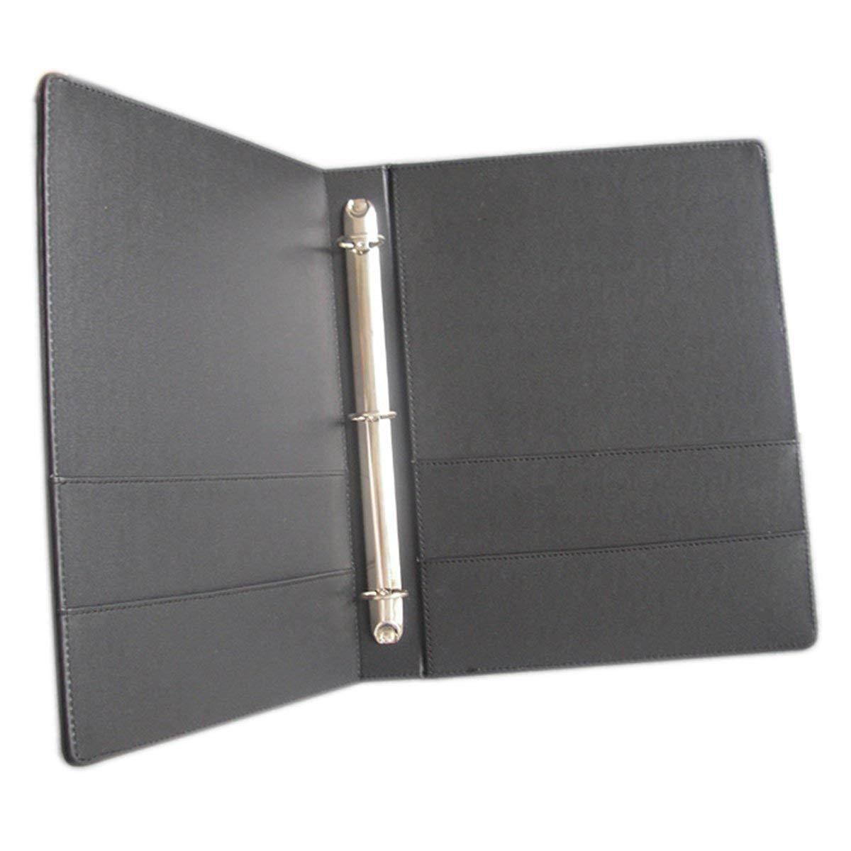 KINGFOM A4 Faux Leather Padfolio Ring Binder Business File Folder Document Holder with Card Holder (3 Ring Binder Black)