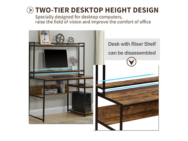 Home Office Game Table Computer Desk with 2-Tier Bookshelf and Open Storage Shelf Equipped with Removable Monitor Riser,Brown,GT55