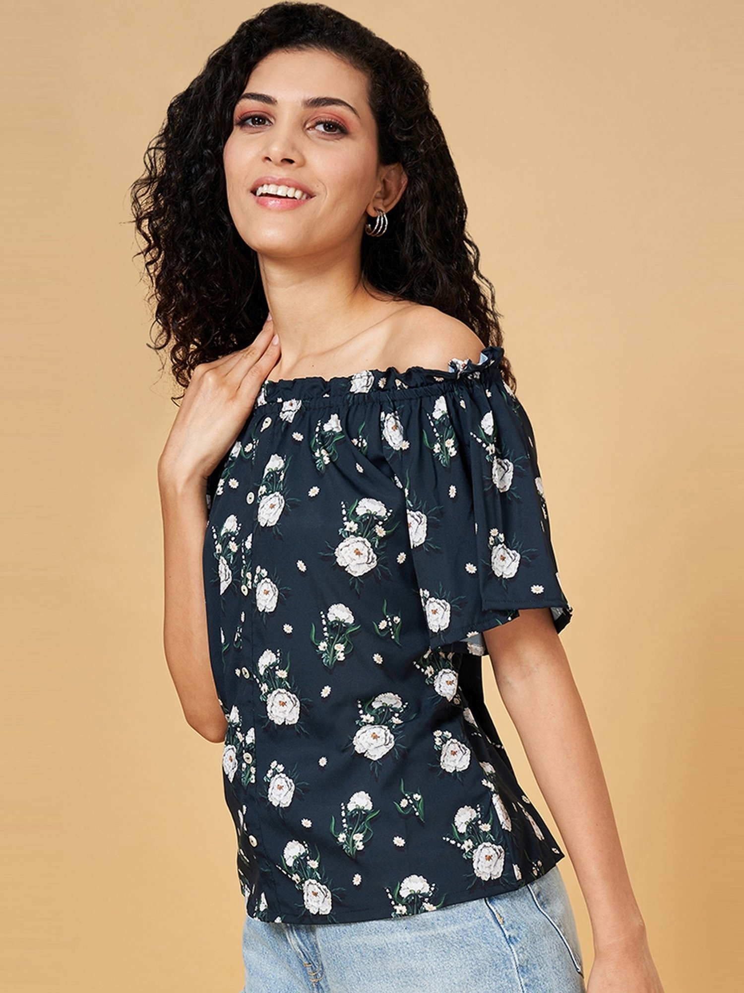 YU by Pantaloons Black Floral Print Top
