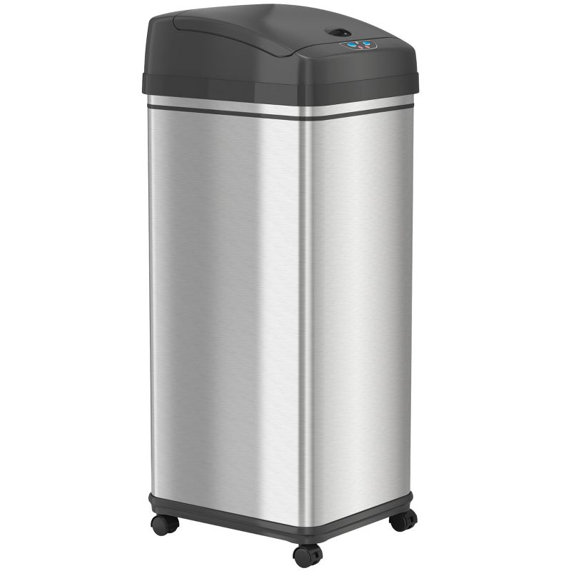 iTouchless Rolling Sensor Kitchen Trash Can with Wheels and AbsorbX Odor Filter 13 Gallon Silver Stainless Steel