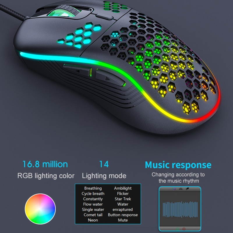 IMICE T98 7200DPI RGB Mouse Onboard Memory Honeycomb Hollow Ergonomic Design Extreme Responsiveness Wired Gaming Mouse for Gaming Computers