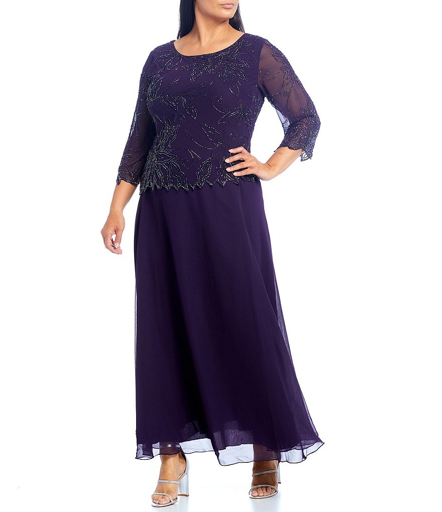 Jkara Plus Size Scoop Neck 3/4 Sleeve Beaded Bodice Gown